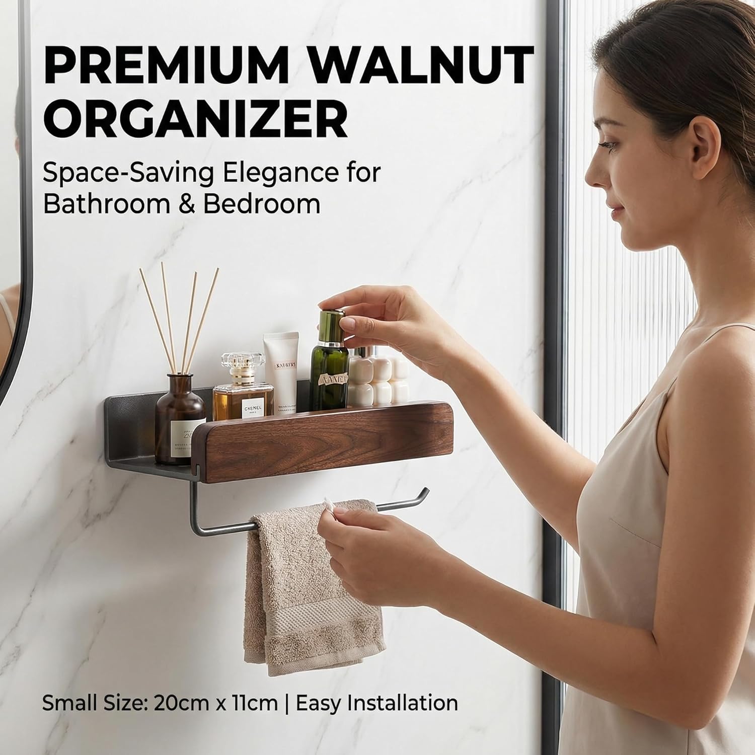 Wooden Wall Mounted Bathroom Organizer Shelf No Drilling Space Saving Storage Rack