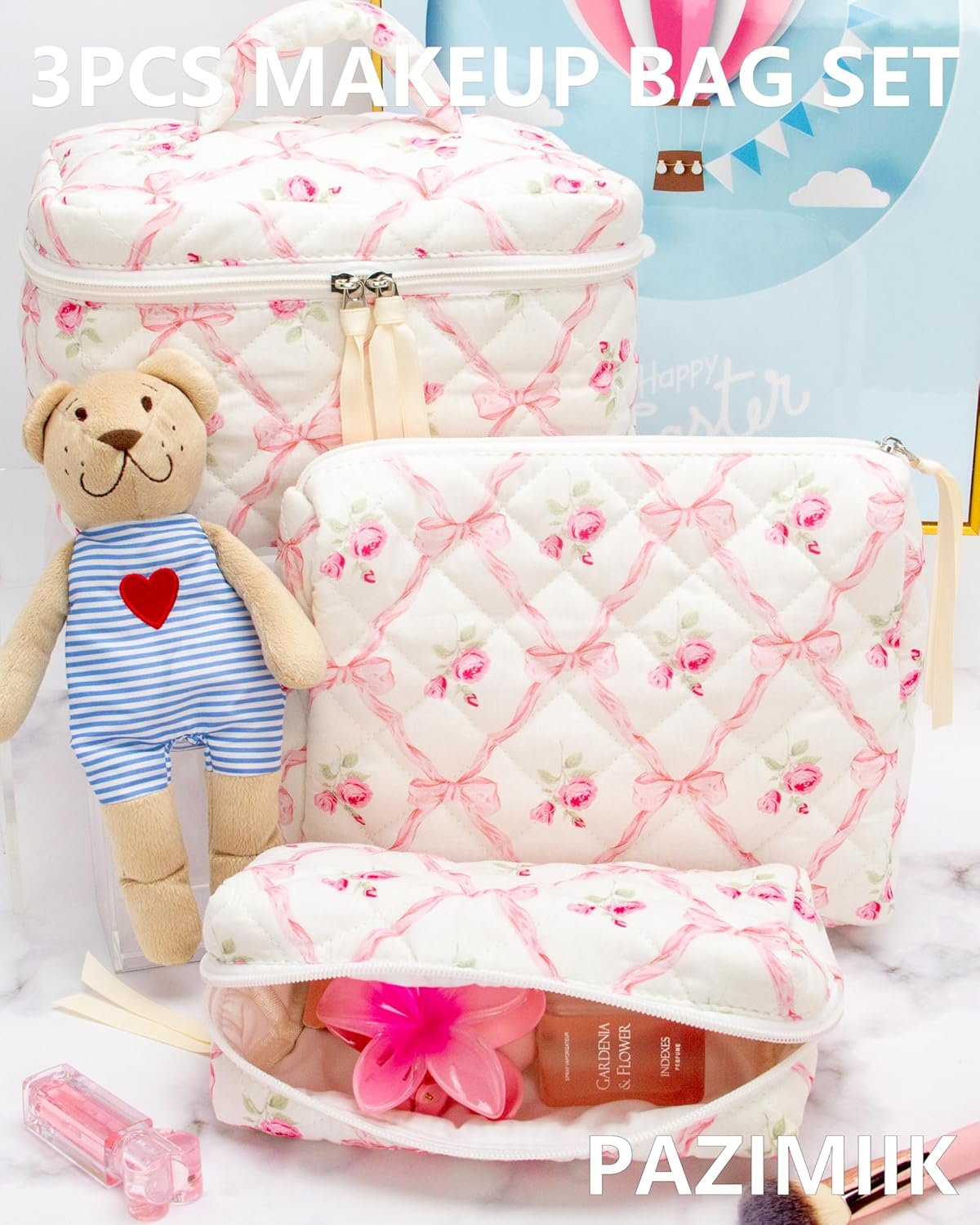 PAZIMIIK 3PCS Makeup Bag SET Large Travel Quilted Zipper Soft Cosmetic Case Pouch for Women Girls Make Up,Bow Rose - Image 2