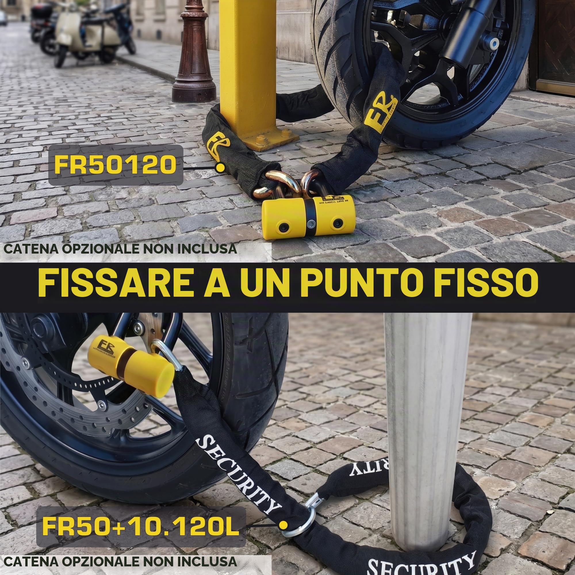 FR SECURITE FR50 Bloccadisco Moto Mini U Omologato SRA, Arco ø18mm in Acciaio Cementato, Doppia Chiusura, Serratura ad Alta Sicurezza Antiscasso, Cavo Promemoria, Lucchetto Antifurto per Moto Scooter
