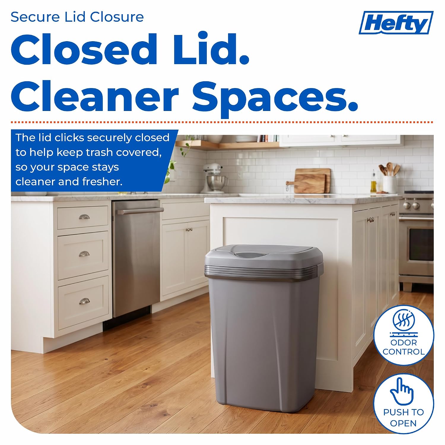 Hefty 12.1 Gallon Trash Can with Lid, Plastic Garbage Can Touch Top Design, Kitchen Waste Basket for Home Office, Large Capacity Trash Bin, 2 Pack, Grey