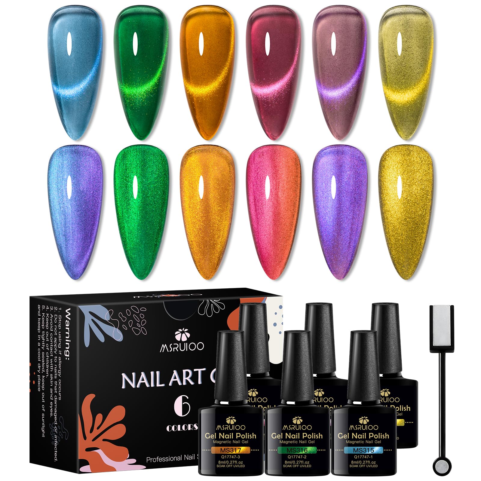 MSRUIOO Cat Eye Gel Polish Set 6 Colors Holographic Magnetic Gel Polish Set with Magnet Stick Glitter Pink Green Blue Purple Magnetic French Gel Nail