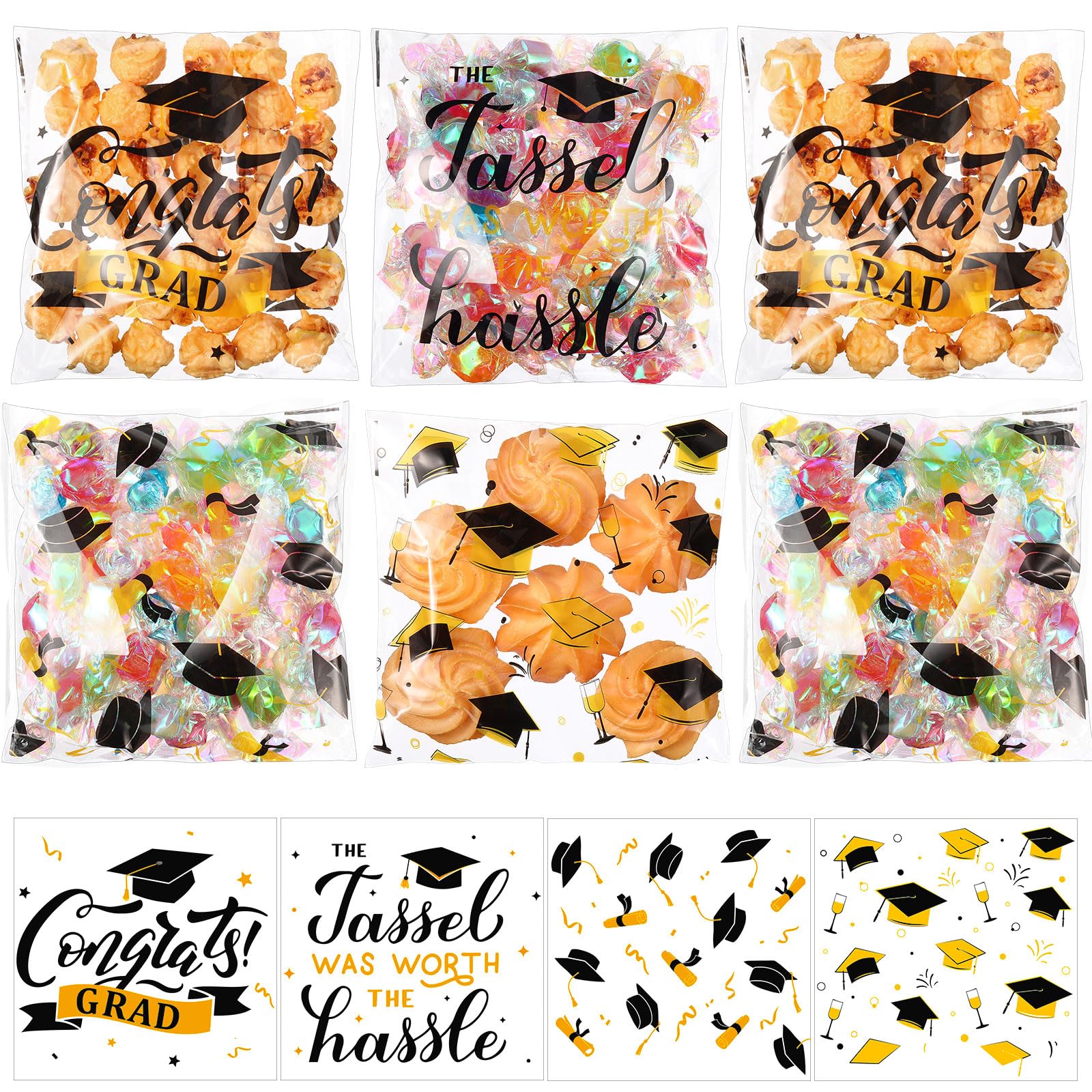 Pajean 320 Pcs Graduation Treat Bags Bulk Self Adhesive Congrats Grad Candy Goodie Bags Plastic Cellophane bags for Class of 2025 Party Favors Chip