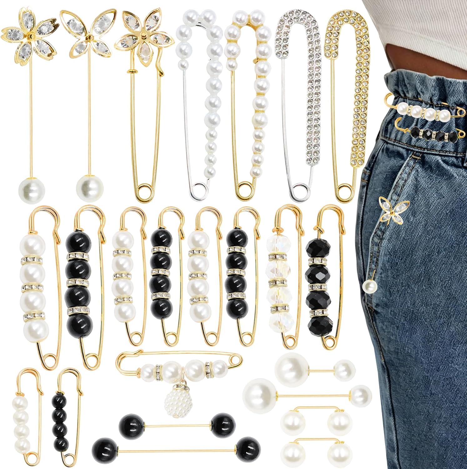 24 PCS Decorative Safety Pins Brooches Pant Waist Tightener Pearl Crystal Rhinestone Pins Accessories Fastening Loose Sweater Shawl Collar Dress Cardigan Shirt Jeans for Women