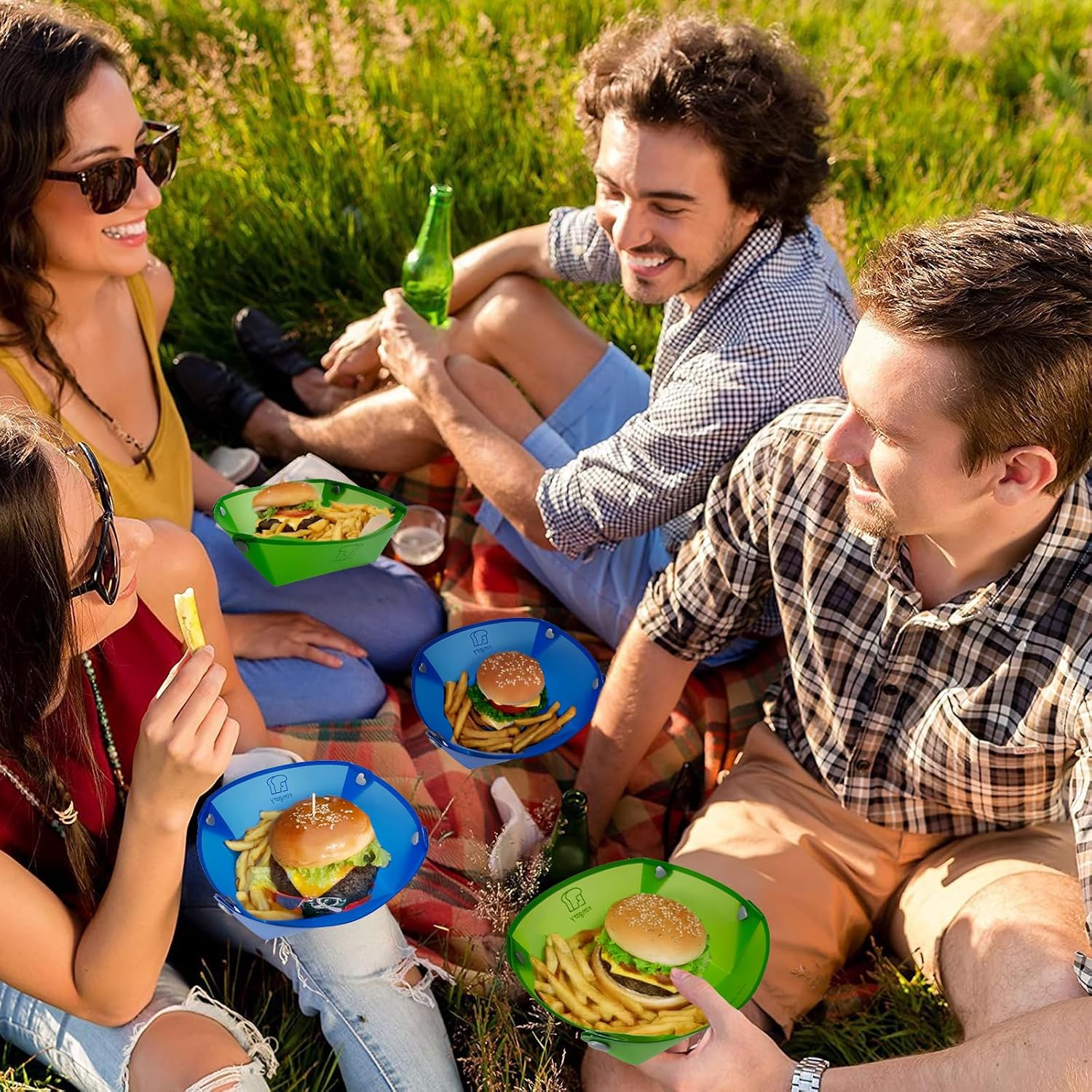 Collapsible Camping Bowl 6pc Plastic Bowl Sets (3 blue and 3 green) for Outdoor Snap Fold Plastic Plate Portable Cutting Board Cut Fruit Family Picnic Party Travel Easy to Carry Save Space