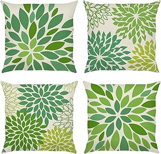 Bonhause Lot de 4 Housse de Coussin 45 x 45 cm Dahlia Pinnata Fleur Géométrique Vert Polyester Lin Décoratif Taie d'oreiller pour Canapé Lits Chaises Voiture Salon Maison Décor
