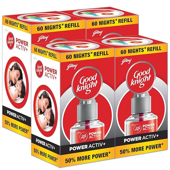 Good knight Power Activ+ Liquid Vapourizer | Mosquito Repellent | 60 Nights Jumbo Refill | Pack of 4 (45ml each)