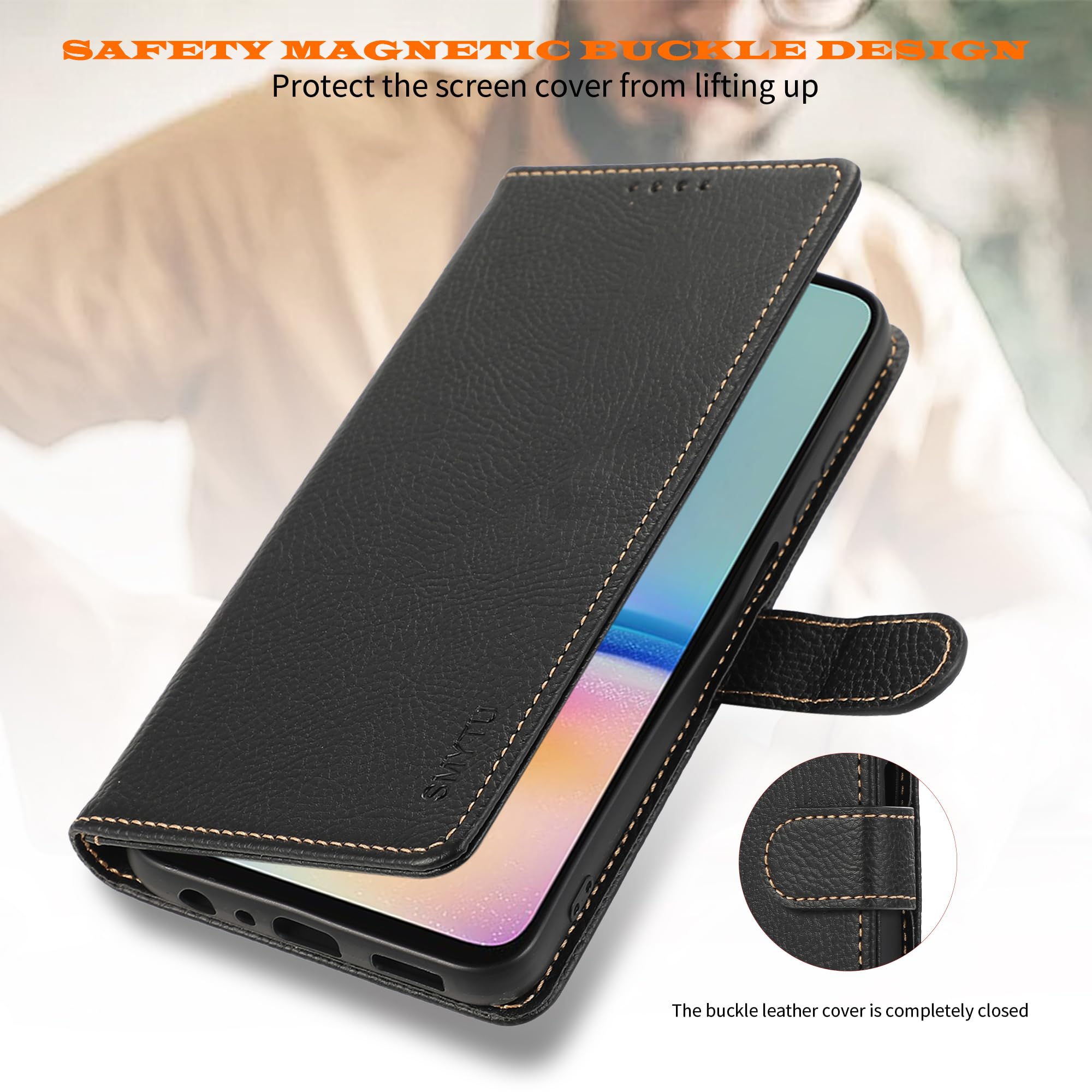 SMYTU Cover a Libro per Samsung Galaxy A05s 4G (6.7") + Vetro Temperato,Custodia Samsung Galaxy A05s 4G,Custodia Flip in Pelle Magnetica Portafoglio Per Samsung Galaxy A05s 4G - Nero