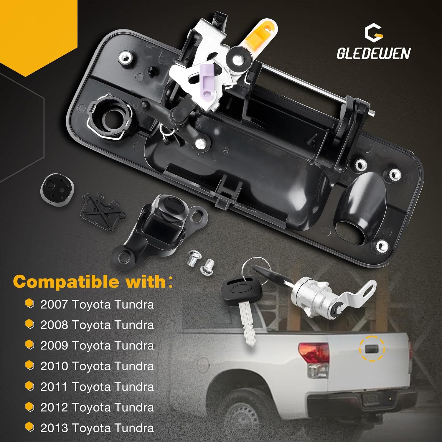 Gledewen Upgraded Metal Tailgate Handle Liftgate Latch Handle with Rear Camera Hole Lock Cylinder and 2 Keys, Compatible with 2007-2013 Toyota Tundra, Replaces# 81214 TO1915119 690900C051