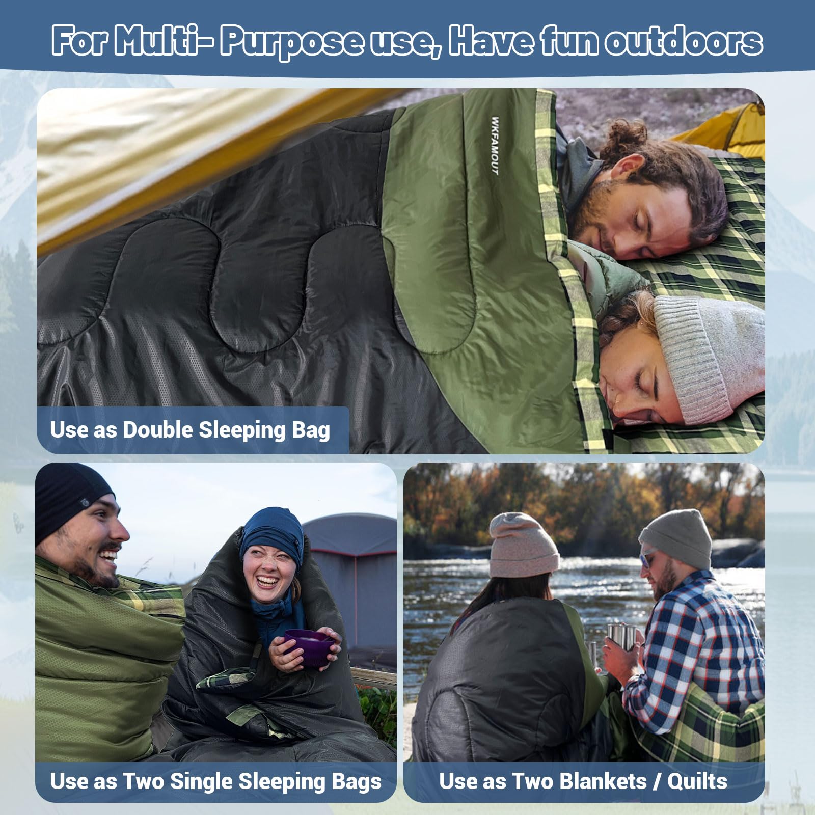 Saco de Dormir Doble de Franela de algodón 220 x 150 cm para Adultos 3-4 Estaciones Saco de Dormir Doble para Exteriores Mantente Caliente Impermeable para Camping Senderismo o Senderismo