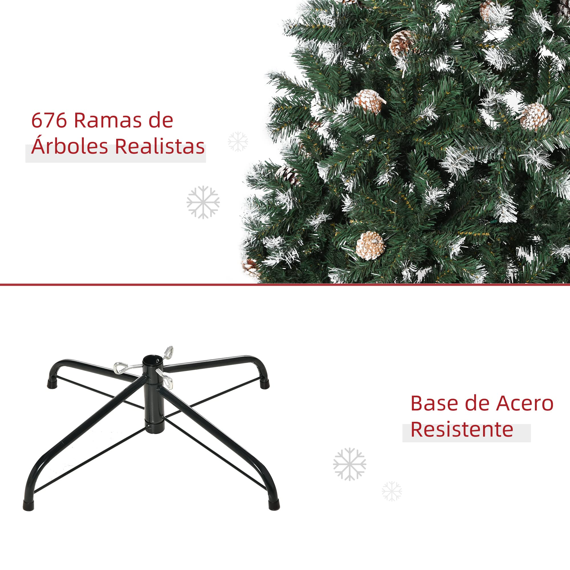 HOMCOM Árbol de Navidad Artificial 150 cm con Nieve con 676 Ramas 41 Piñas Hojas de Plástico Apertura Automática Base de Soporte Metálica y Plegable Decoración Navideña para Interiores Verde