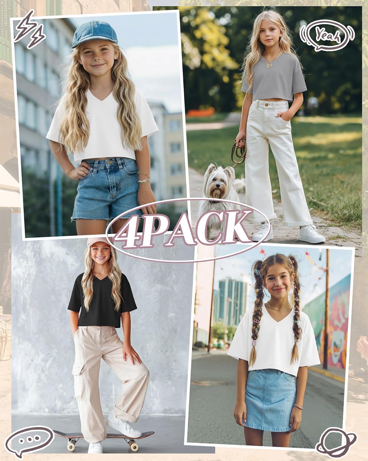 4 Pack Girls V Neck Crop Tops Kids Drop Shoulder Short Sleeve T Shirts Loose Fit Workout Tees 5-14 Years(Black, White, Light Gray, Khaki,13-14 Years)