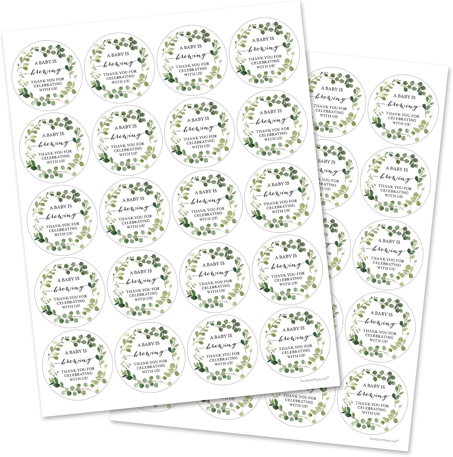 40 cnt A Baby is Brewing Greenery Eucalyptus Favor Labels