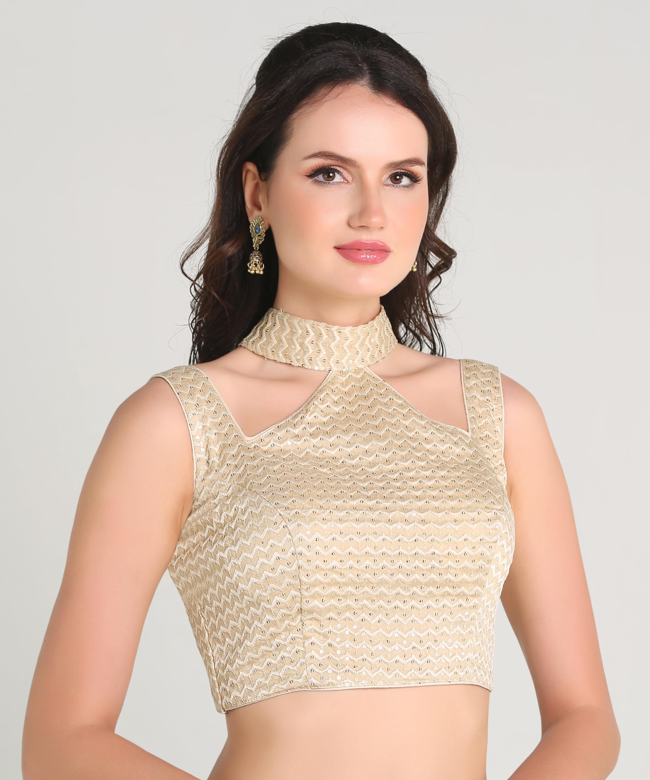 Pujia Mills Woman's Readymade Sleeveless Gold Blouse Halter Neck With String Pattern Backless Ethnic Wear Pattern Choli Blouse