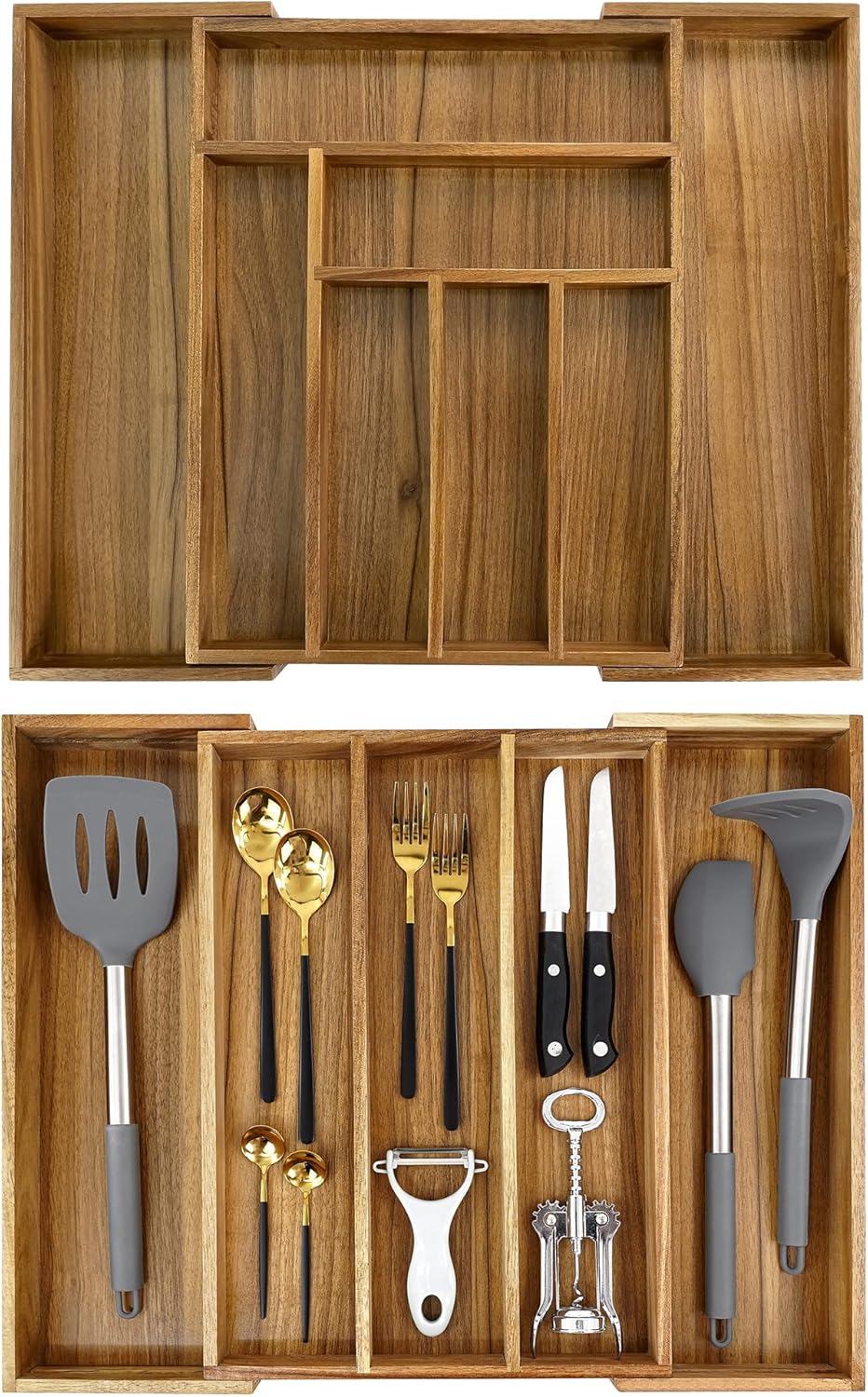 Acacia Kitchen Drawer Organizer Expandable 8 Slots + Acacia Silverware Organizer Adjustable 5 Slots