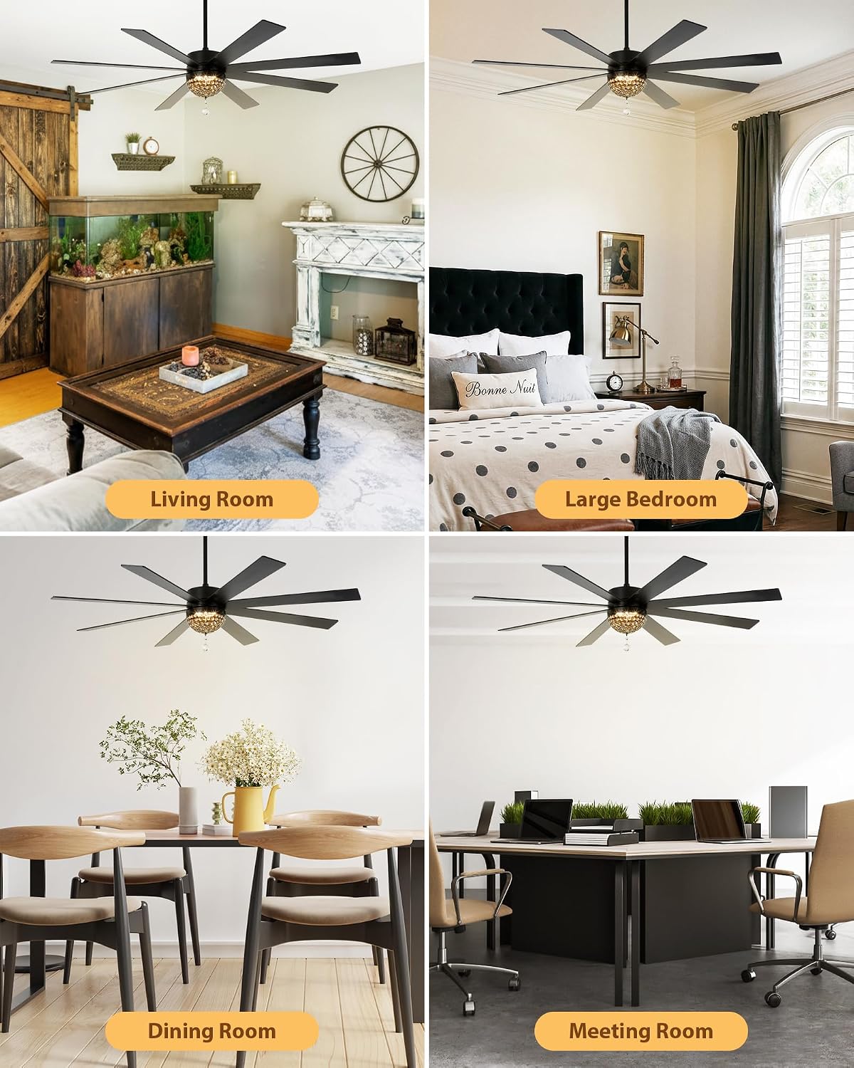72" Crystal Ceiling Fan with Lights and Remote, Quiet Reversible DC Motor Industrial Ceiling Fan, Chandelier Ceiling Fans Modern Fandelier for Bedroom, Living Room, Dining Room, Office, Covered Patio