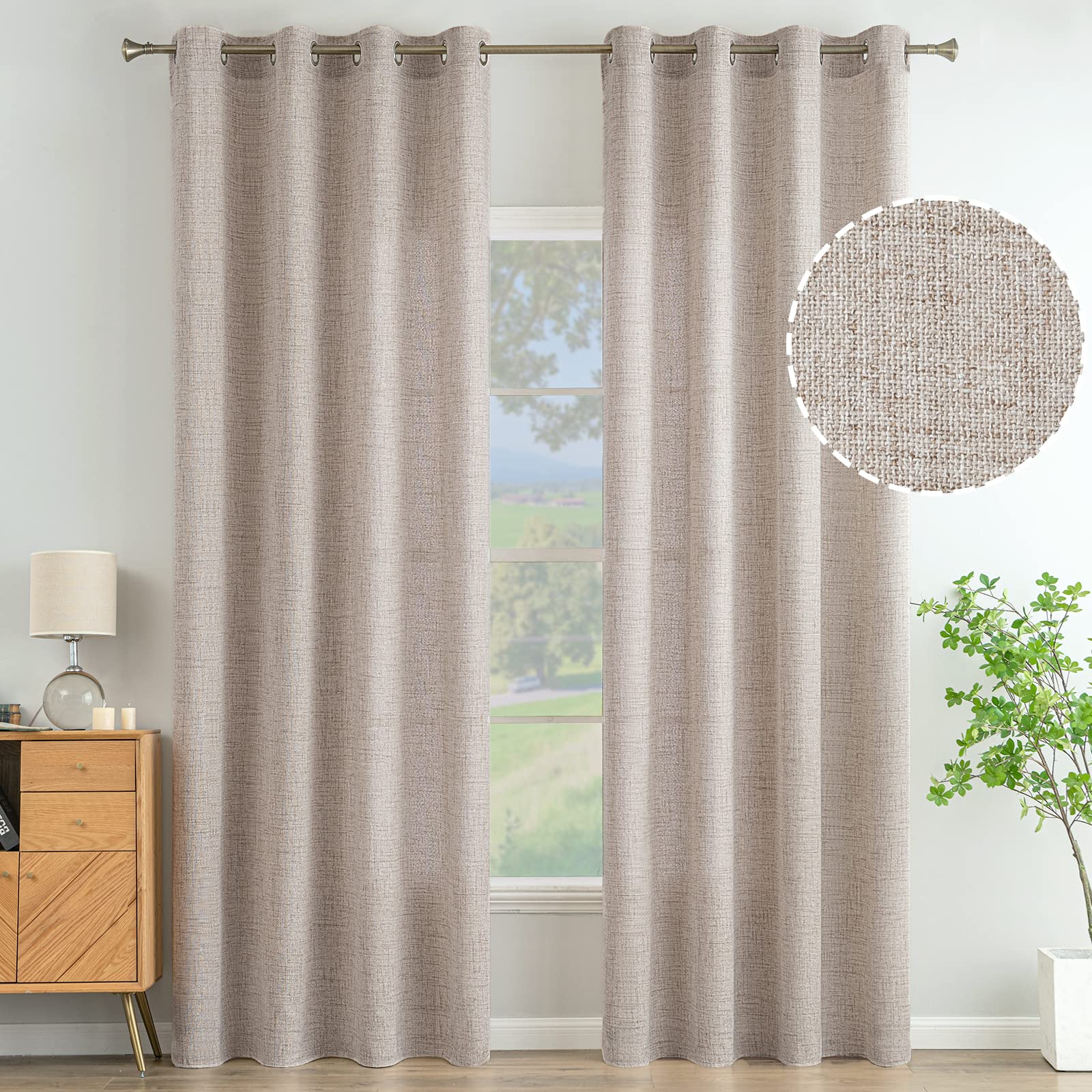 MIULEE Vorhänge Gardinen Ösenvorhang Leinenoptik 2er Set Khaki 140x225cm | Wohnzimmer Leinen Vorhang Boho Gardine mit Ösen Semi-transparent Leinenvorhang Curtains