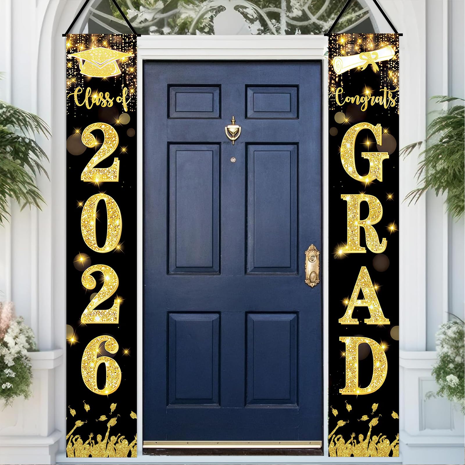 Photo 1 of 2026 Graduation Decorations Porch Banner Outdoor Waterproof - Black Gold Glitter Class of 2026 Decoration, Weather Resistant Grad Welcome Sign for Front Door Yard Garage, High School College Graduation Party Supplies (71" x 12", 2 Pack)