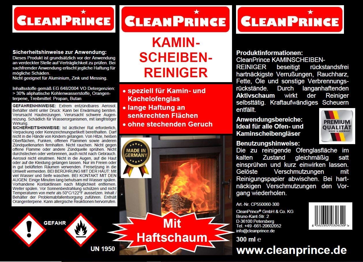 3x CleanPrince Detergente per camino 300 ml camino detergente Spray per forno Vetro Fuliggine detergente per camino detergente per camino Camino stufa vetro Vetro per forno Kachenofenglas Metalli