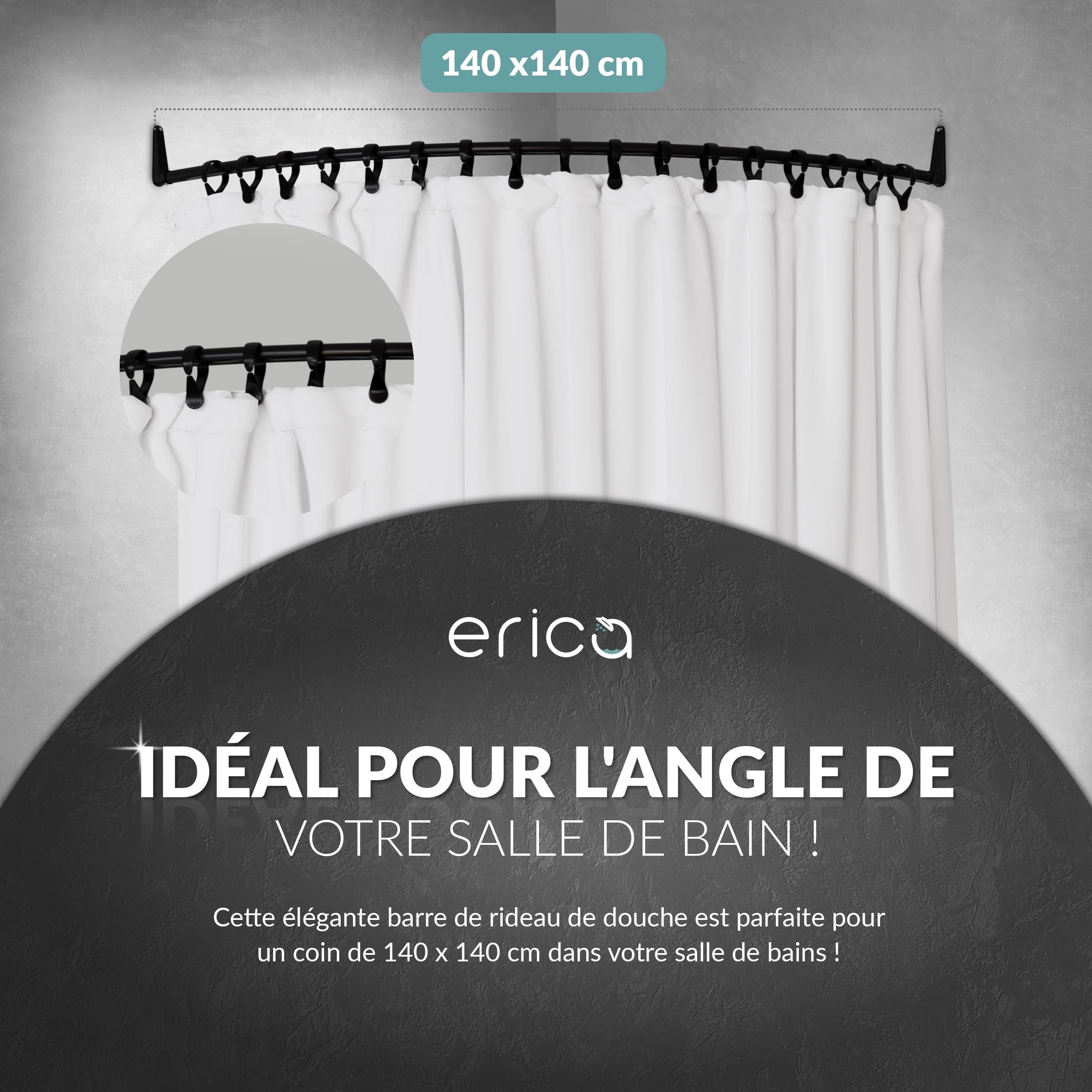 Erica Barre de Rideau de Douche D'angle 140x140cm, 100% Antirouille – Gris | 140x140 cm, Fixation Murale - sans Fixation au Plafond, Barre de Douche Incurvée, Acier Thermolaqué Gris, 100% Antirouille