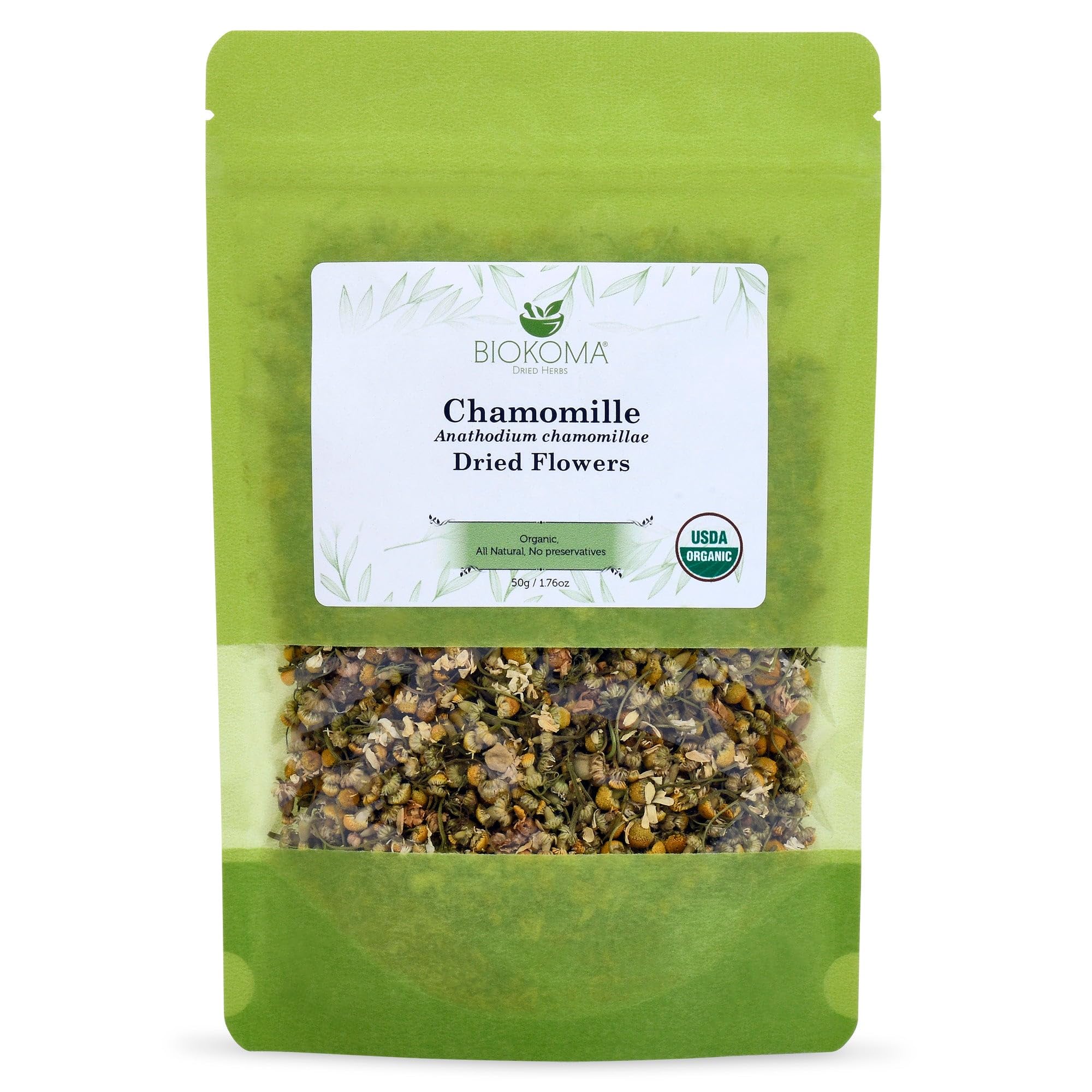 Pure and Organic Chamomile Dried Flowers 50g (1.76oz) in Resealable Moisture Proof Pouch, USDA Certified Organic - Herbal Tea, No Additives, No Preservatives, No GMO, Kosher
