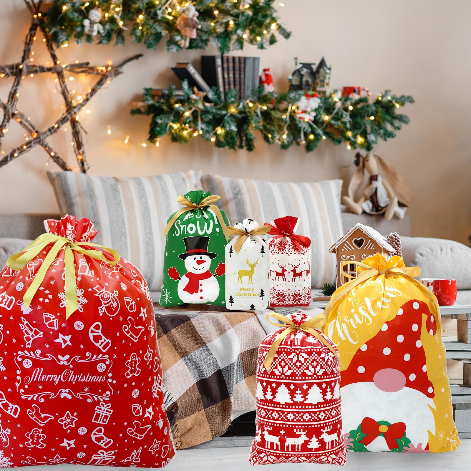 CH HAICHENG Lot de 36 sacs cadeaux de Noël réutilisables en plastique avec cordon de serrage - Tailles L, M, S
