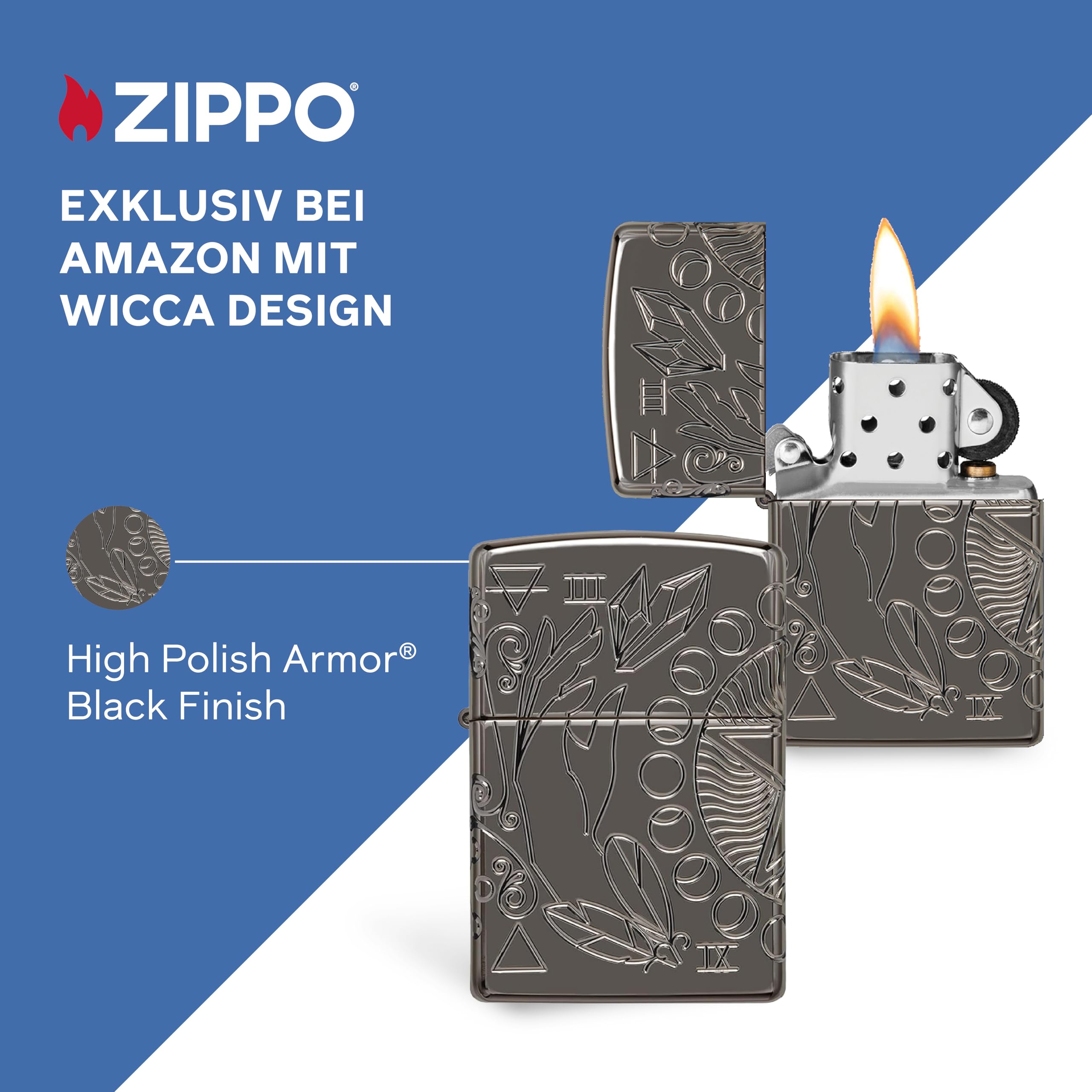 Zippo Sturmfeuerzeug - Wicca Design, Multi Cut - Armor High Polish Black Finish - Nachfüllbar - Wiederverwendbar - Windfestes Design - Geschenkbox - Made in USA