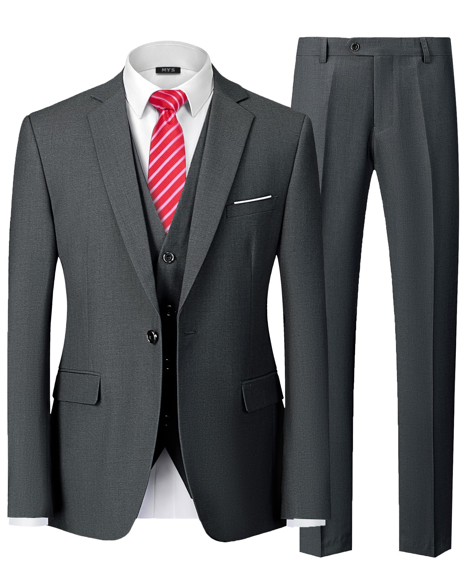 MYS Men's 3 Piece Slim Fit Suit Set, One Button Solid Jacket Vest Pants with Tie