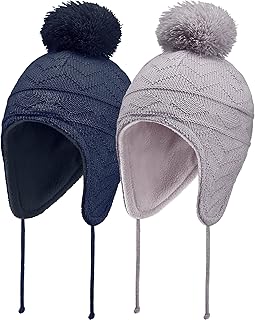 Geyoga Baby Geyoga 2 Pcs Baby Winter Knit Hats Kids Earflap Beanie Hat Toddler Thick Warm Fleece Lined Cap with Pompom