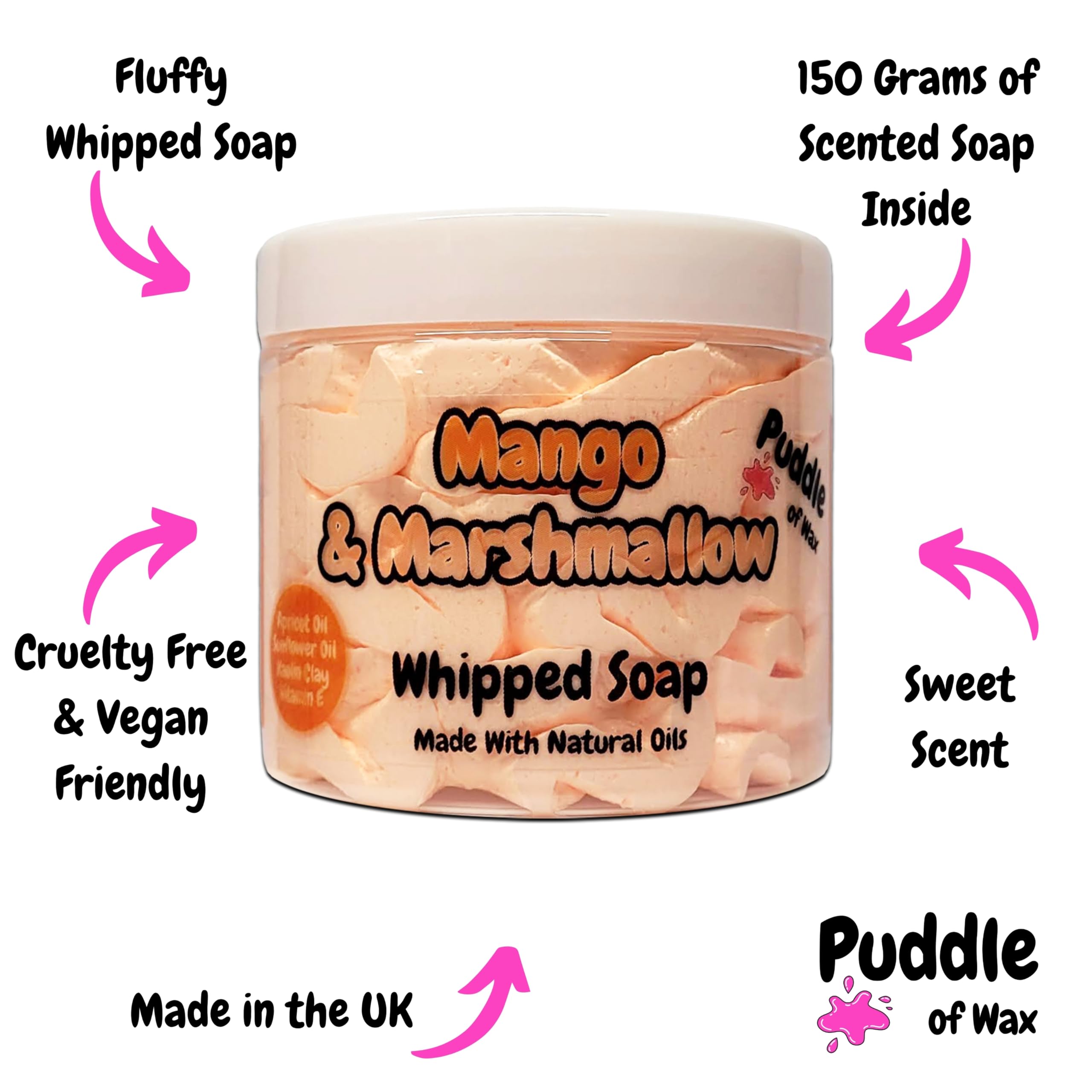 Mango & Marshmallow Whipped Soap Body Wash, 150g, Natural Oils & Kaolin Clay, Sweet Scent, Vegan Friendly, Puddle of Wax - Image 3