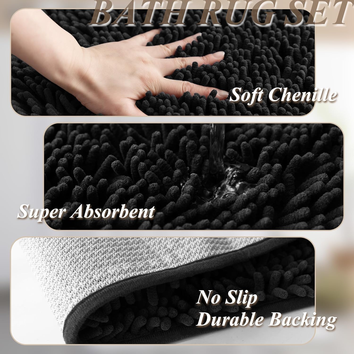 Barossa Design 3 Pcs No Hook Black Shower Curtain Set with Chenille Bath Rugs - 71" x 74" Shower Curtain with Snap-in Fabric Liner & Non-Slip Water Absorbent Bathroom Mats Set Accessories