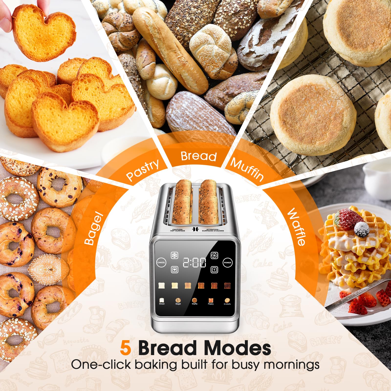 Long Slot Toaster 4 Slice with Touchscreen, 2-Slot Extra Wide 1.5 Inch | Stainless Steel, 1400W, 2-Slot Smart Appliance, Single Mode, BreadID Tech, Digital Timer, For Bagel Waffle