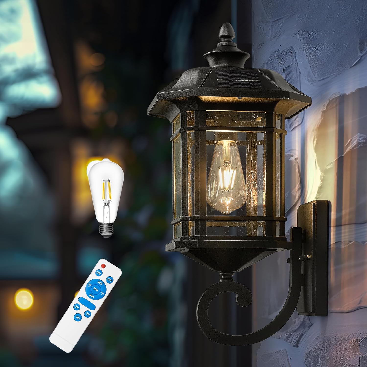 Emliviar Solar LED wall lamp for outdoors, solar porch light from sunset to dawn with remote control, black finish with seeded glass, bulb included, 22021M-SL BK