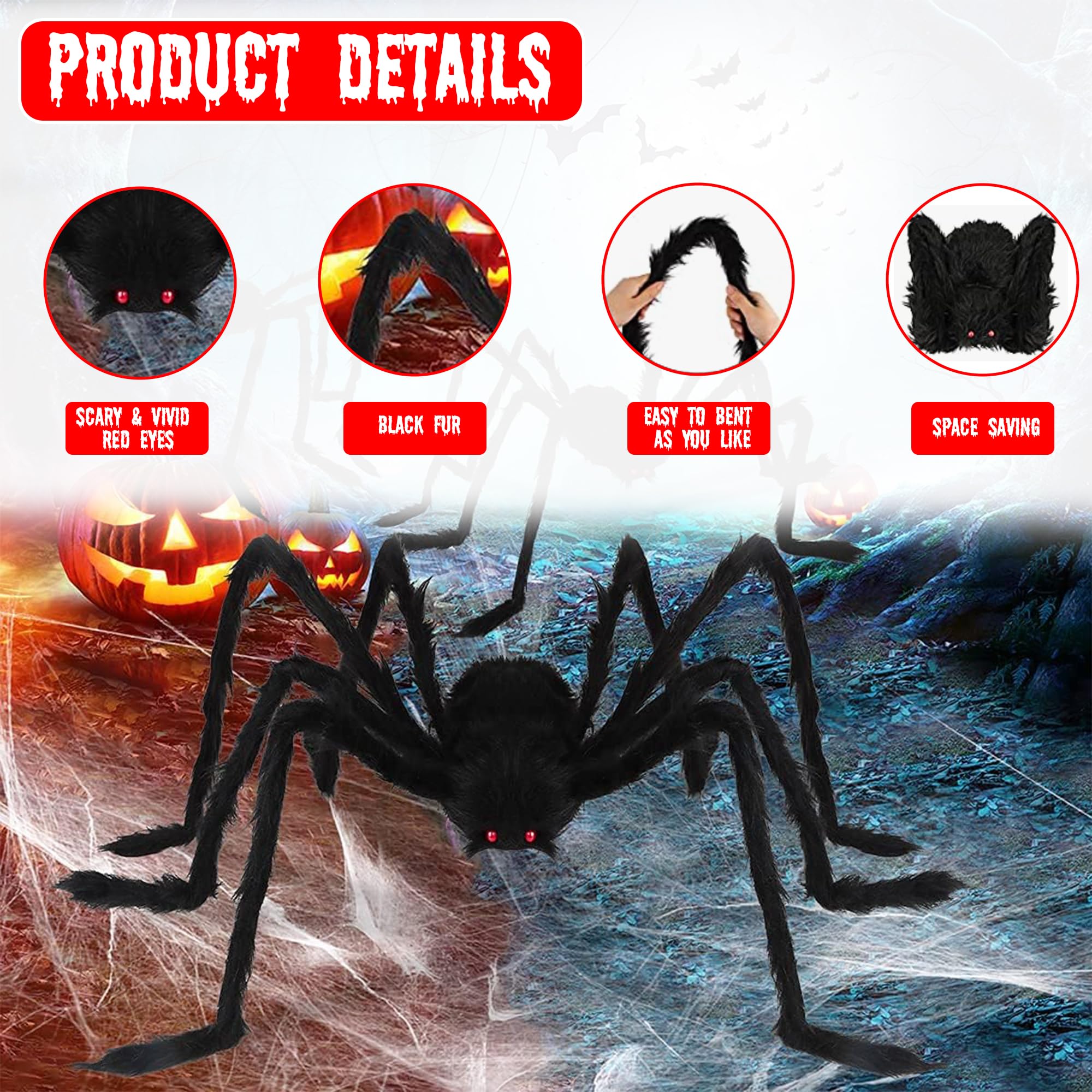 GRO VITS - Set di decorazioni per Halloween, 500 cm, triangolo gigante ragnatela con 5 picchetti di fissaggio e grande ragno peloso nero da 100 cm, oggetti di scena spaventosi per Halloween per casa