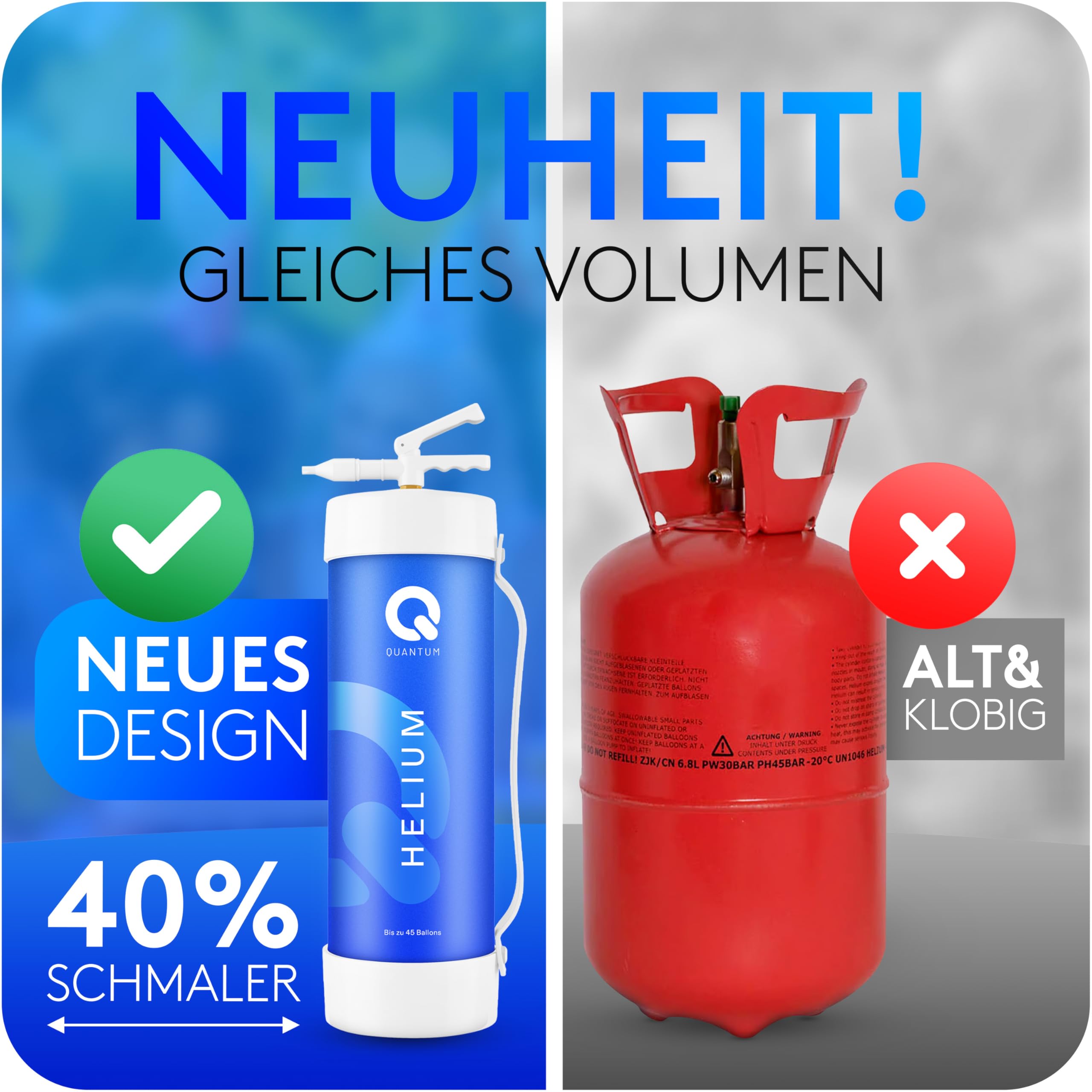 Quantum Ballongas Heliumflasche 370L für bis zu 45 Luftballons, Einweg Helium mit Ventil, sofort einsatzbereit für Geburtstag, Party und Hochzeit