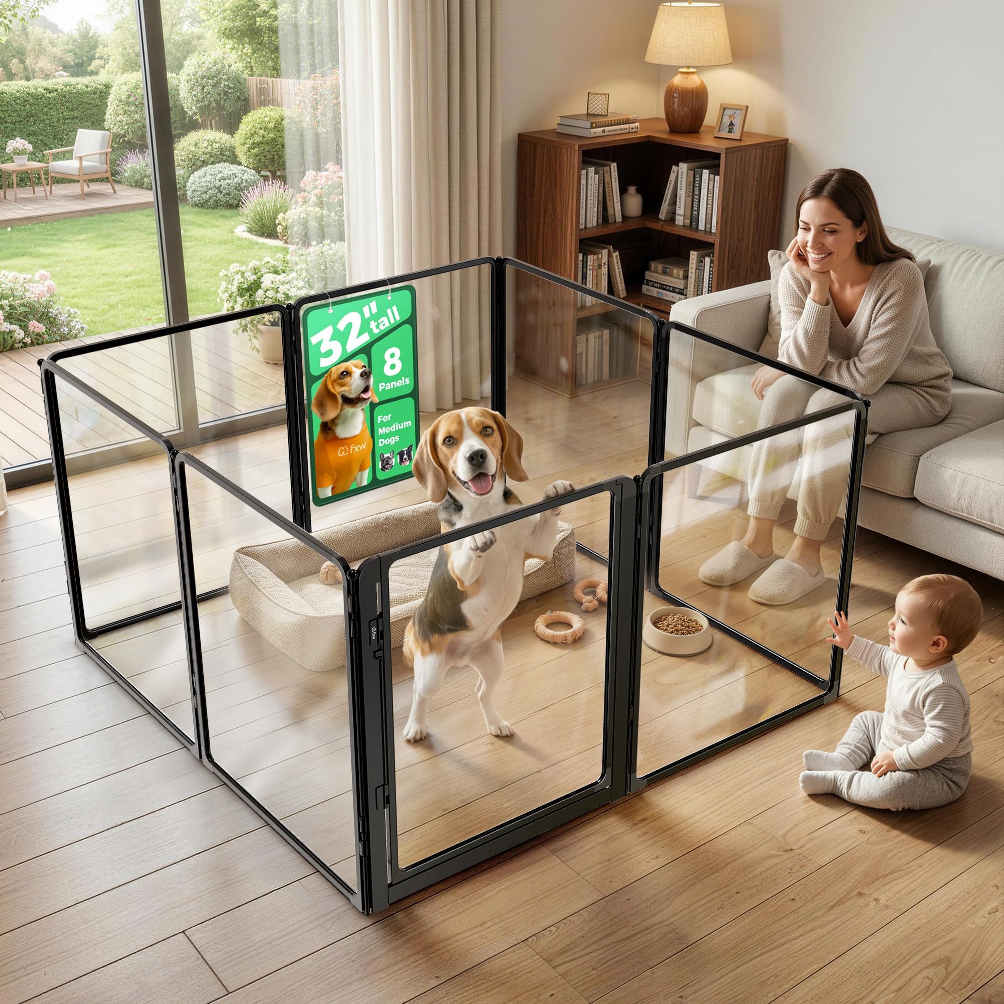 FXW AuraSpace Pro Acrylic Indoor Dog Playpen, Heavy-Duty with Metal Frame, 80cm Height 8 Panels for Small and Medium Dogs, Black│Patented