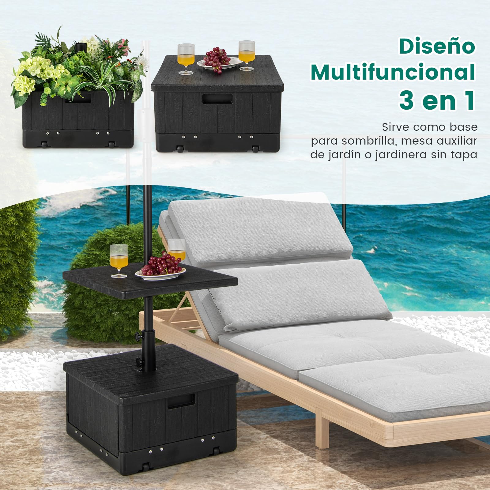 COSTWAY Base Sombrilla con Ruedas, Bandeja De Mesa, Soporte Sombrilla Terraza Exterior Apto para Postes de 38mm 48 mm, 3 en 1 Pie Sombrilla Rellenable de Agua 45L, Arena 67kg, Jardin Patio (Negro)