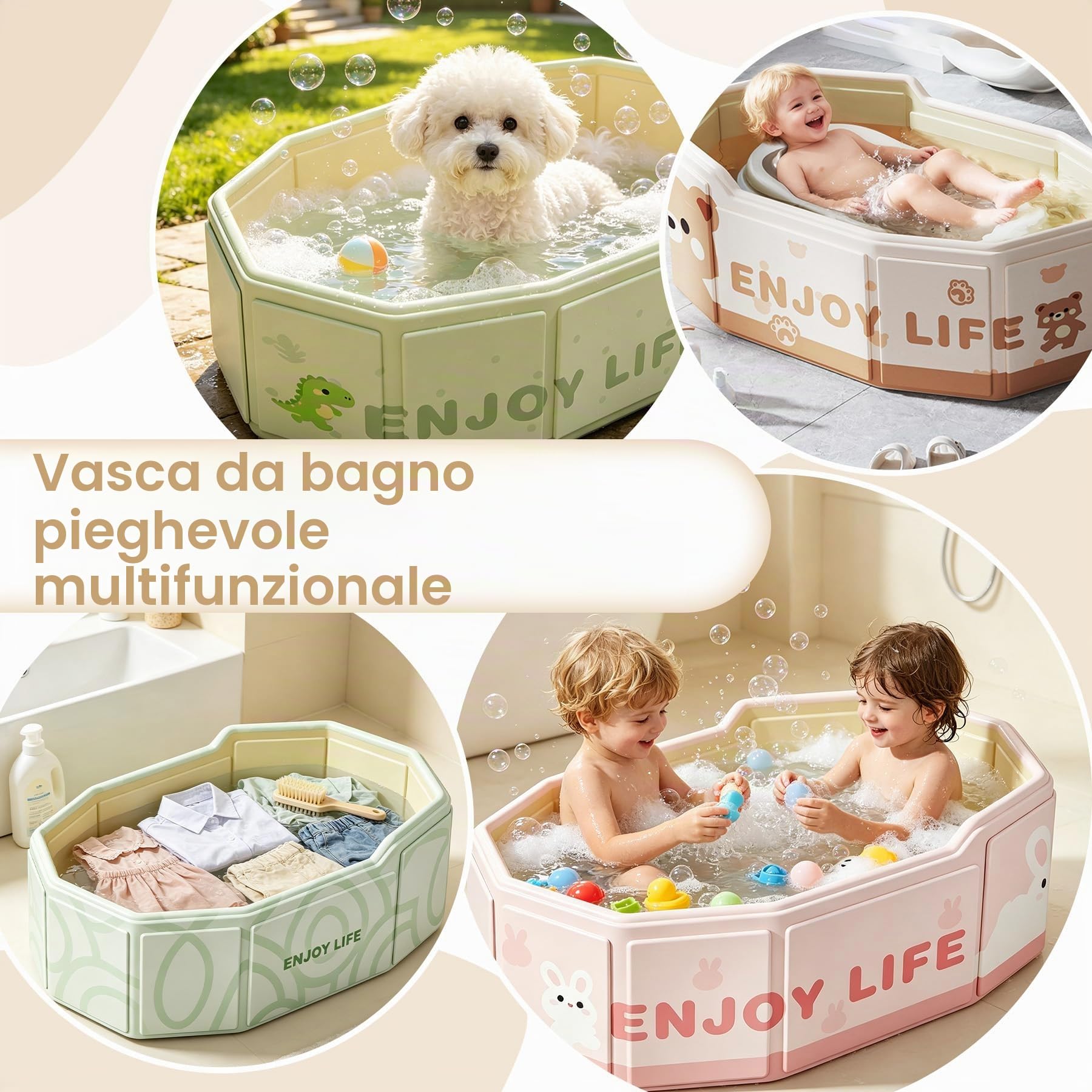 VEEKAY Vasca da Bagno Pieghevole per Bambini, 75x45x28cm Portatile e Salvaspazio, con Tappo di Scarico, Multiuso per Neonati e Bambini 0-8 Anni