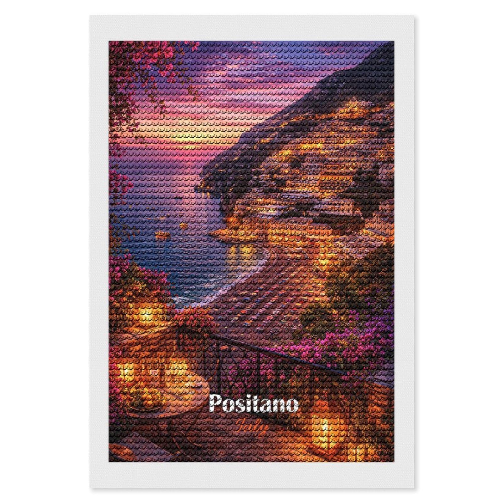 Junmoney Positano Italy Sunset Balcony View Diamond Art Canvas 8"x12", for Creative Relaxation, Simple to Start, Aesthetic Room Decor, Holiday Gift Idea