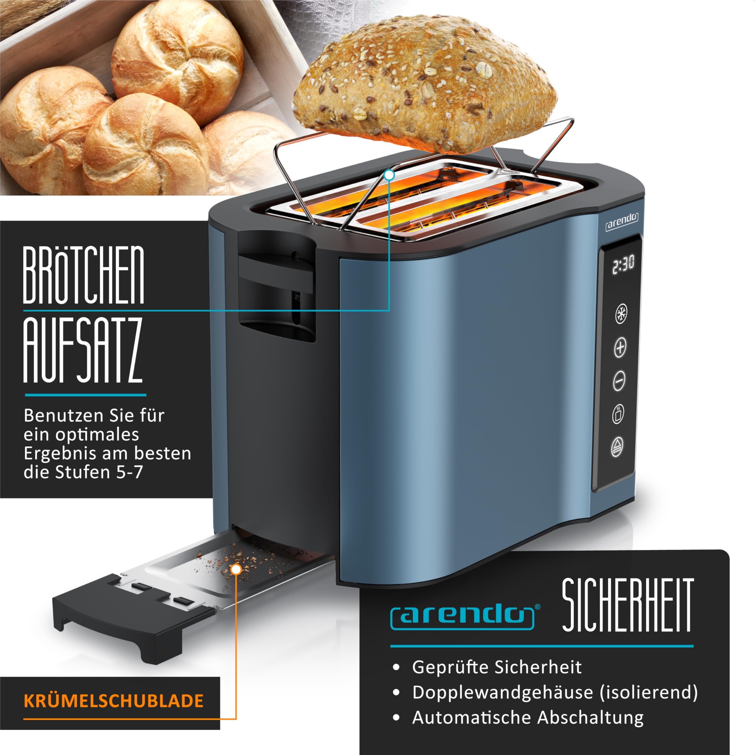 Arendo - Touch Toaster 2 Scheiben Edelstahl - Touchpanel - digital Display Restzeitanzeige - 800 W – Doppelwandgehäuse – mit Brötchenaufsatz – 7 Bräunungsgrade – Brotscheibenzentrierung - Blau