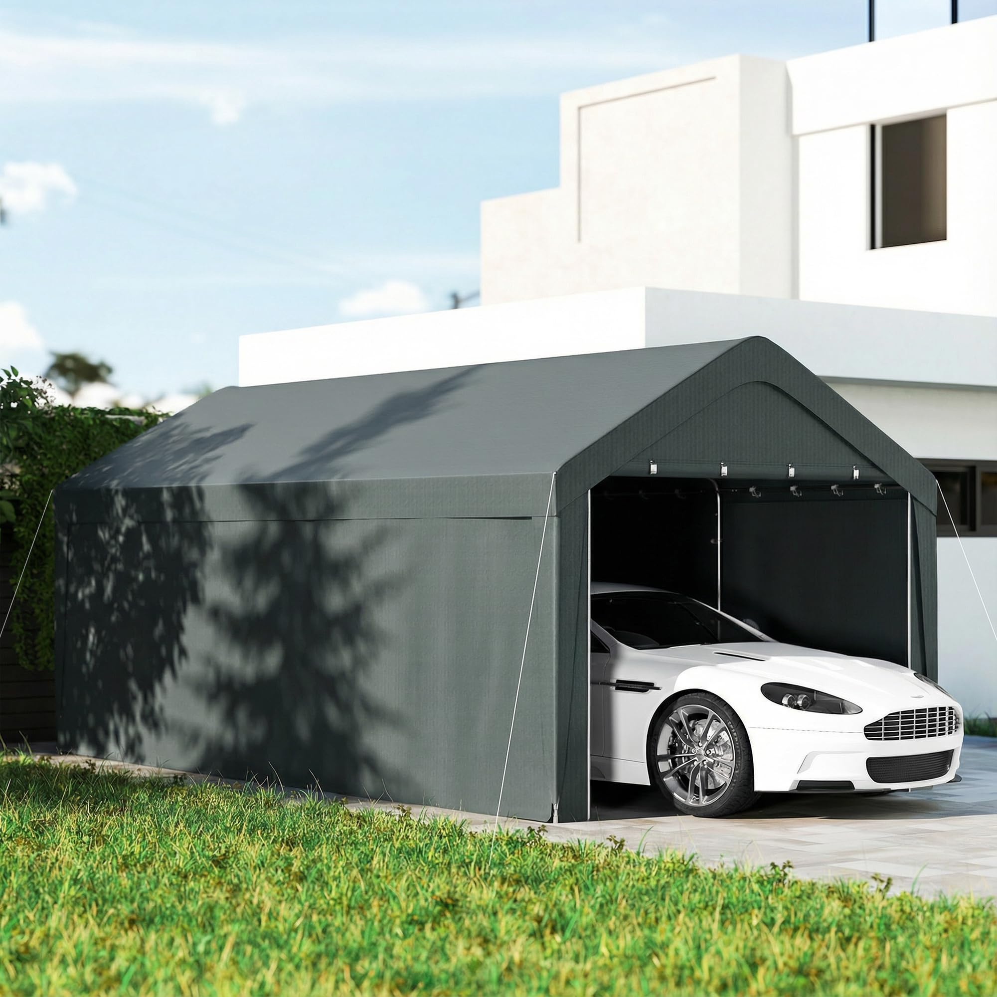 Outsunny Carpa Garaje Portátil 3x6 m Impermeable para Coche Gris Oscuro | Anti-UV, Paredes Laterales Desmontables, 2 Puertas Enrollables, Garaje Exterior, Cobertizo para Herramientas de Jardín