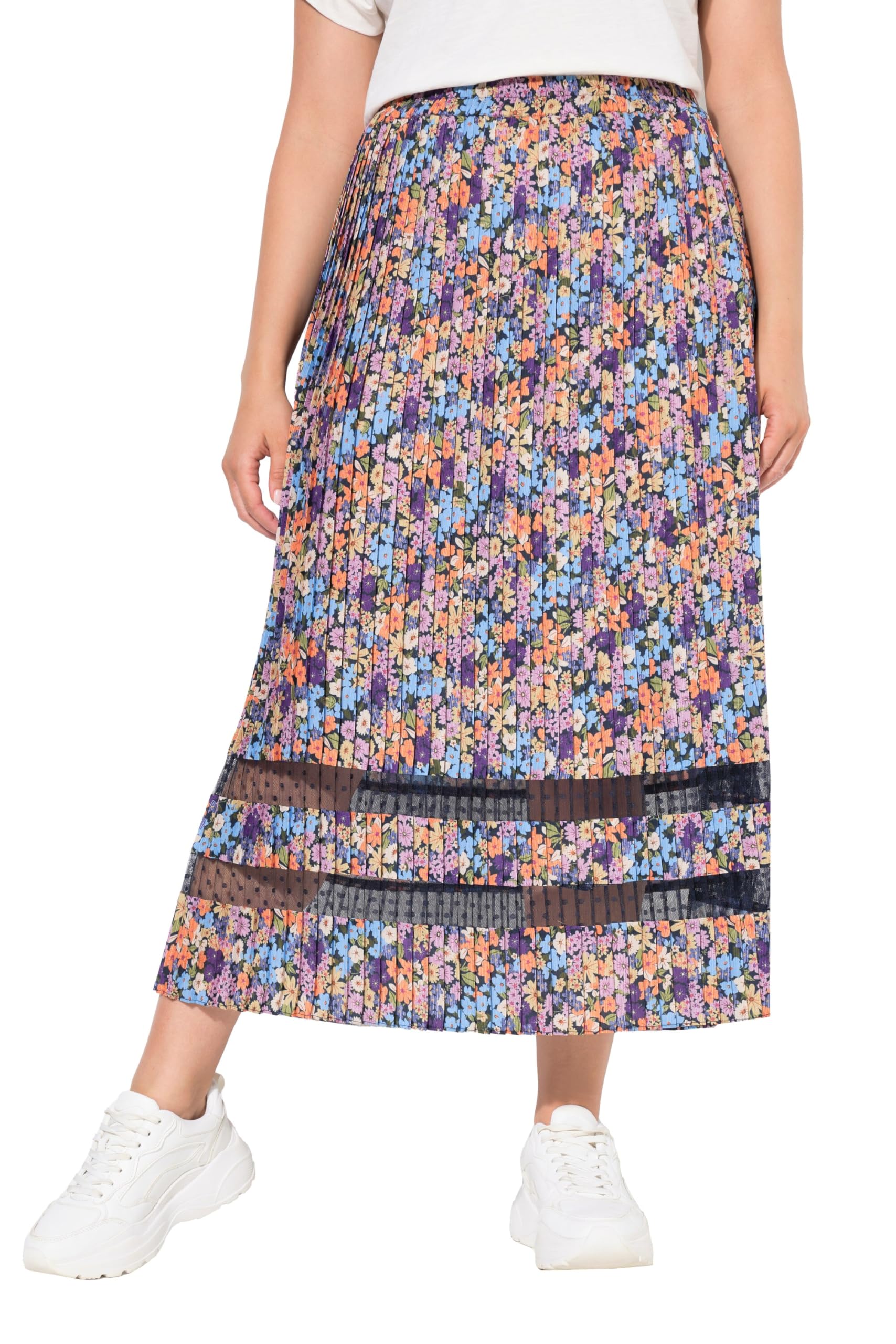 Ulla Popken Damen große Größen Übergrößen Plus Size Plissee-Midirock, Spitzenbänder, A-Linie, Elastikbund 835058