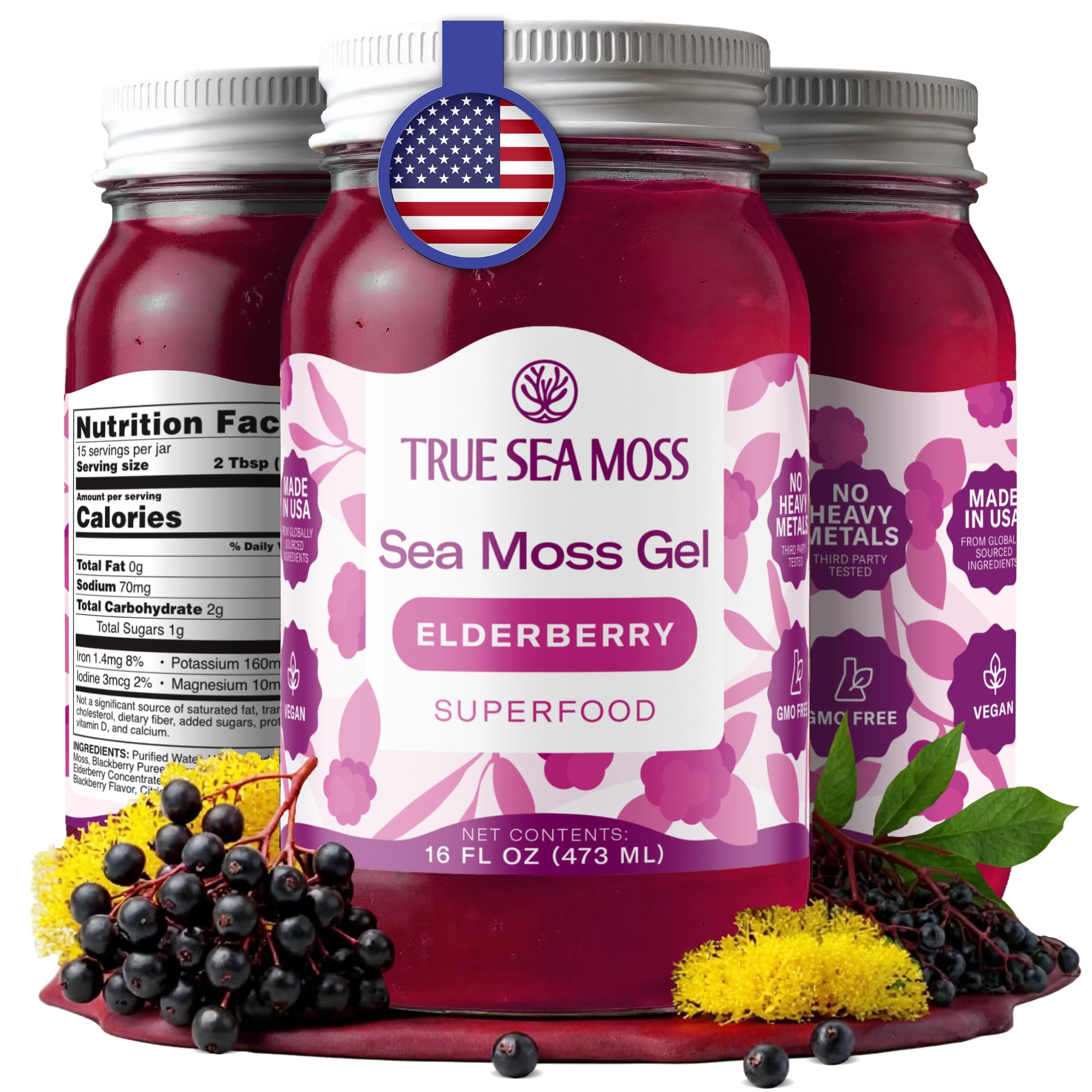 Sea Moss Gel – Made in USA – Wildcrafted Seamoss, Fresh Fruits & Jarred Vegetables – Elderberry, Pack of 1 (Labels May Vary)