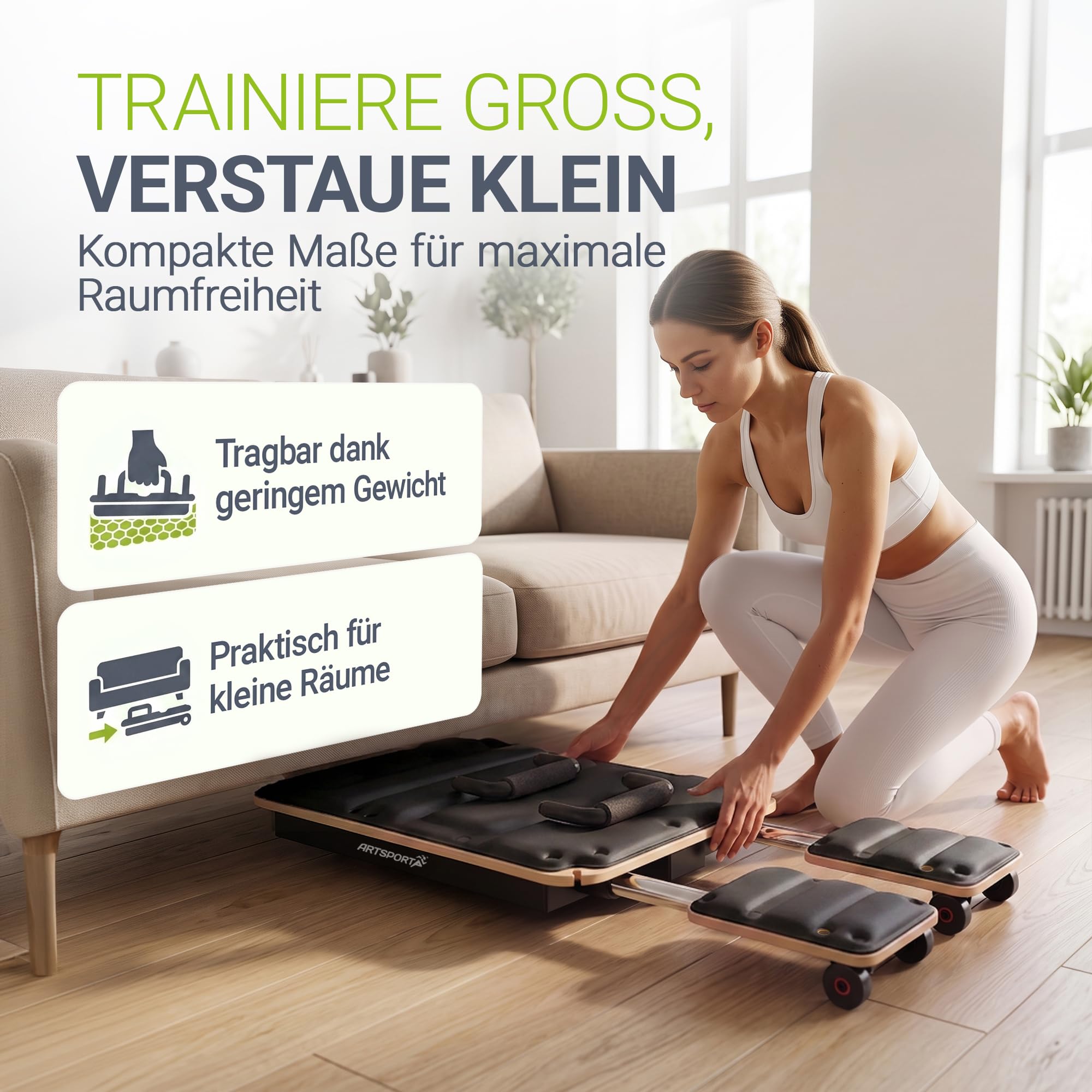 ArtSport Movea Pilates Reformer Board für Zuhause – faltbares Mini-Reformer Pilatesgerät aus Birkenholz & Aluminium, inkl. 6 Trainingsbänder & 4 Griffe, belastbar bis 200 kg