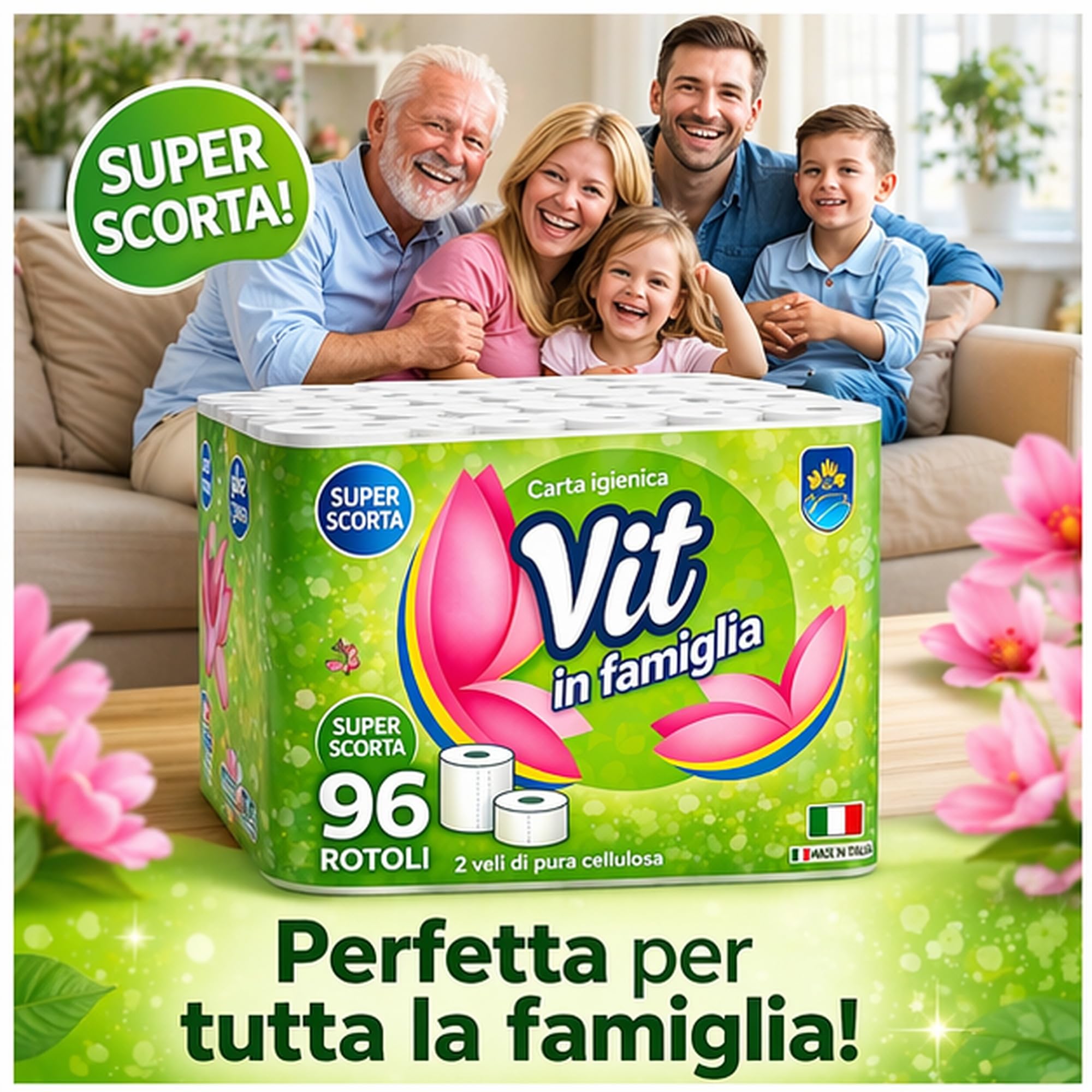 ISALP SHOP - Vit In Famiglia | Carta igienica 96 rotoli x 100 strappi, 2 veli super compatto | Super scorta per super risparmio | Carta 100% certificata FSC®