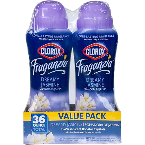 Clorox Fraganzia Laundry Scent Booster Crystals in Dreamy Jasmine Scent - Scented In-Wash Freshener Beads for Fresh, Clean, Great Smelling Clothes and Linens, 18 Oz - 2 Pack