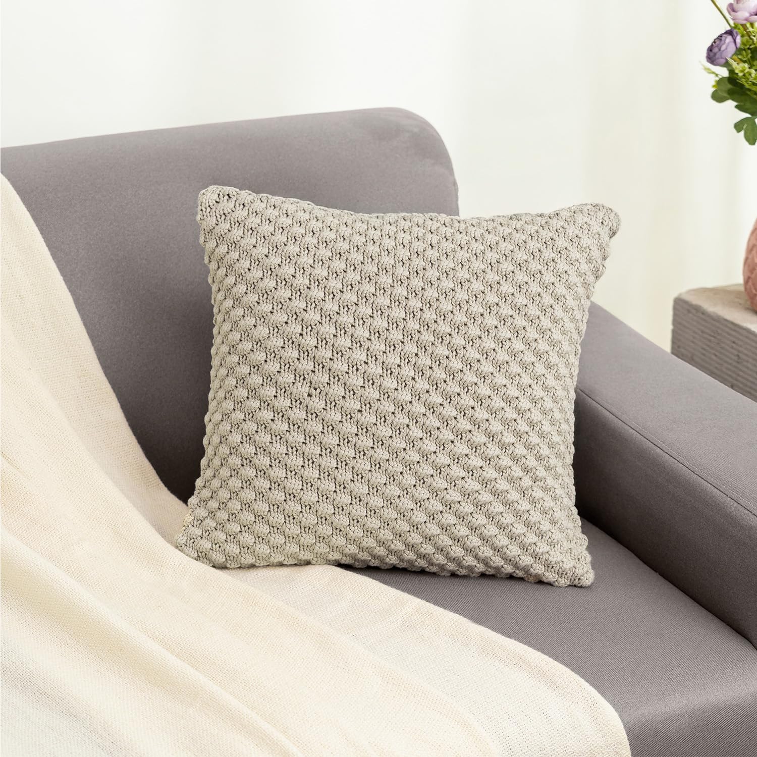 haus & kinder Decorative Embroidered Bubble Pale Whisper Cushion Covers Pack of 2 | Knitted Decorative Bubble Knit Cushion Cover for Sofa Living Room | 16'' X 16'' | 100% Cotton 210TC