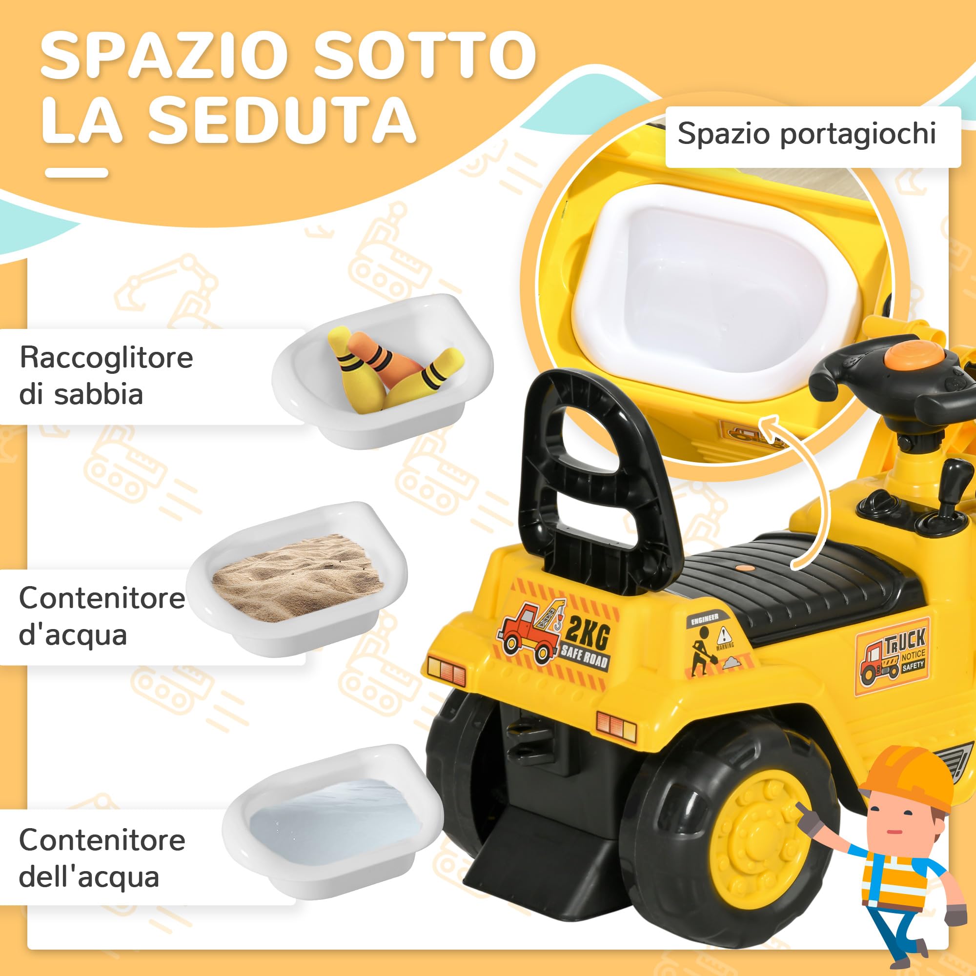 HOMCOM Escavatore per Bambini con Benna, Schienale e Spazio Contenitore a Scomparsa, Ruspa Giocattolo in PP e ABS, 80x26.5x39 cm, Giallo e Nero