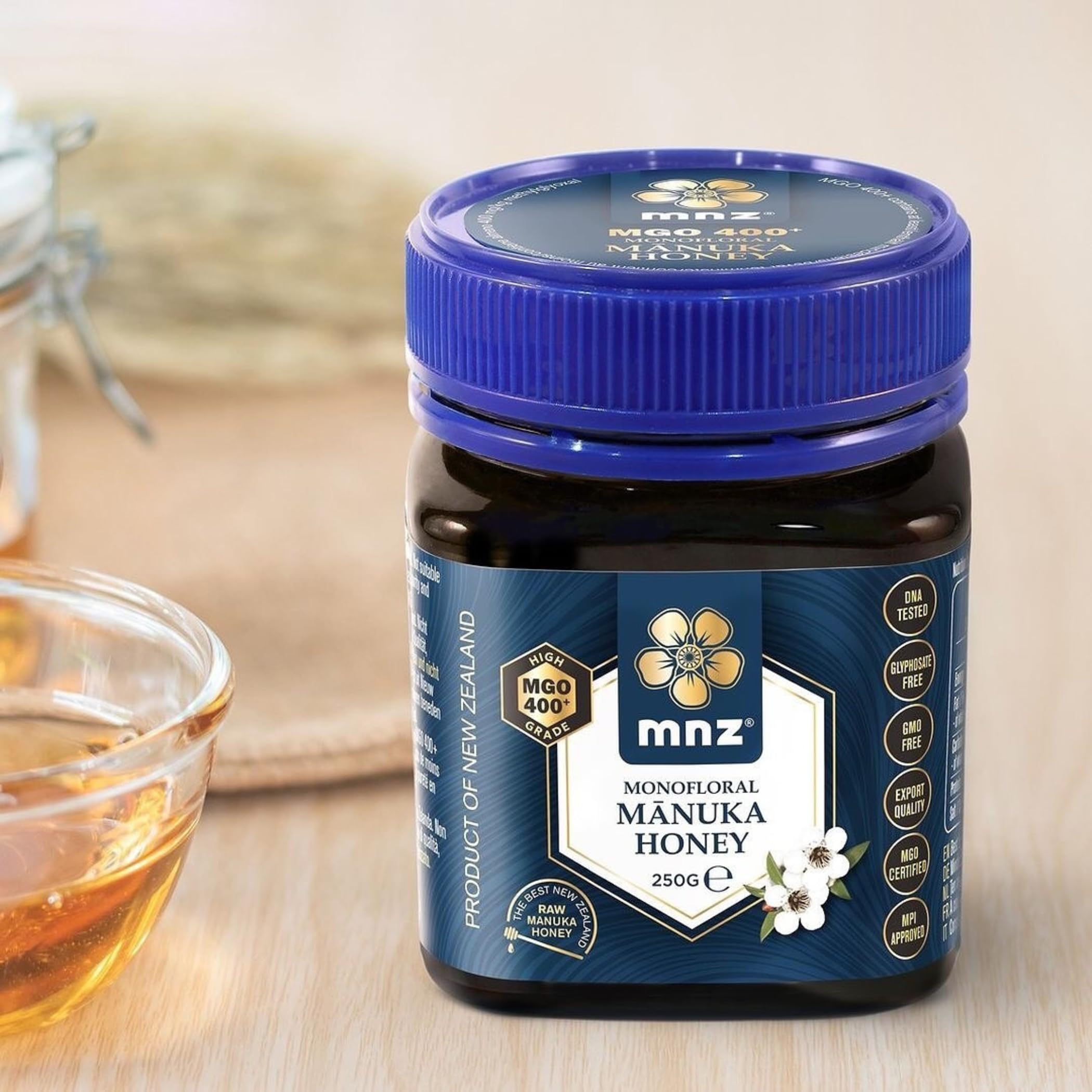 MNZ Miele di Manuka crudo 400+ MGO da 250 grammi, monofloreale puro, prodotto e invasettato crudo in Nuova Zelanda