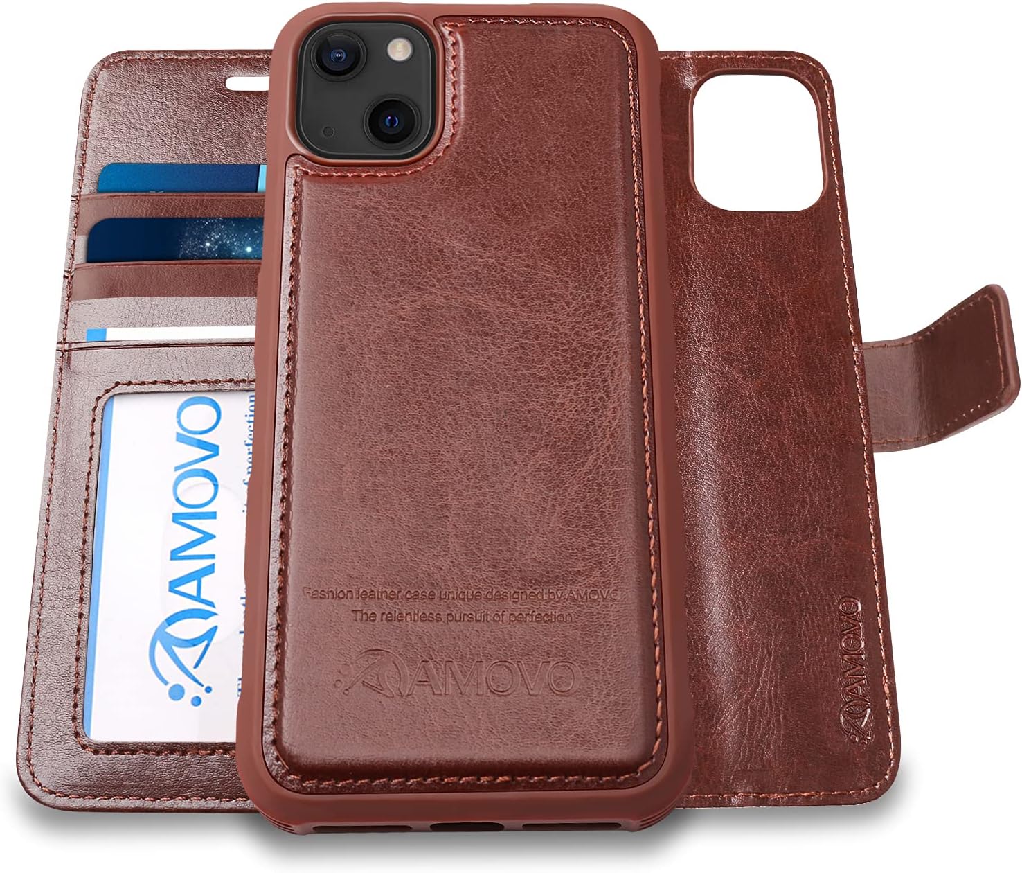AMOVO Compatible with iPhone 13 Mini Case Wallet Leather Flip Case [Wireless Charging] Magnetic Detachable Wallet Case [Card Slots][Wrist Strap] Heavy Duty Protective Case (for iPhone 13 Mini, Brown)