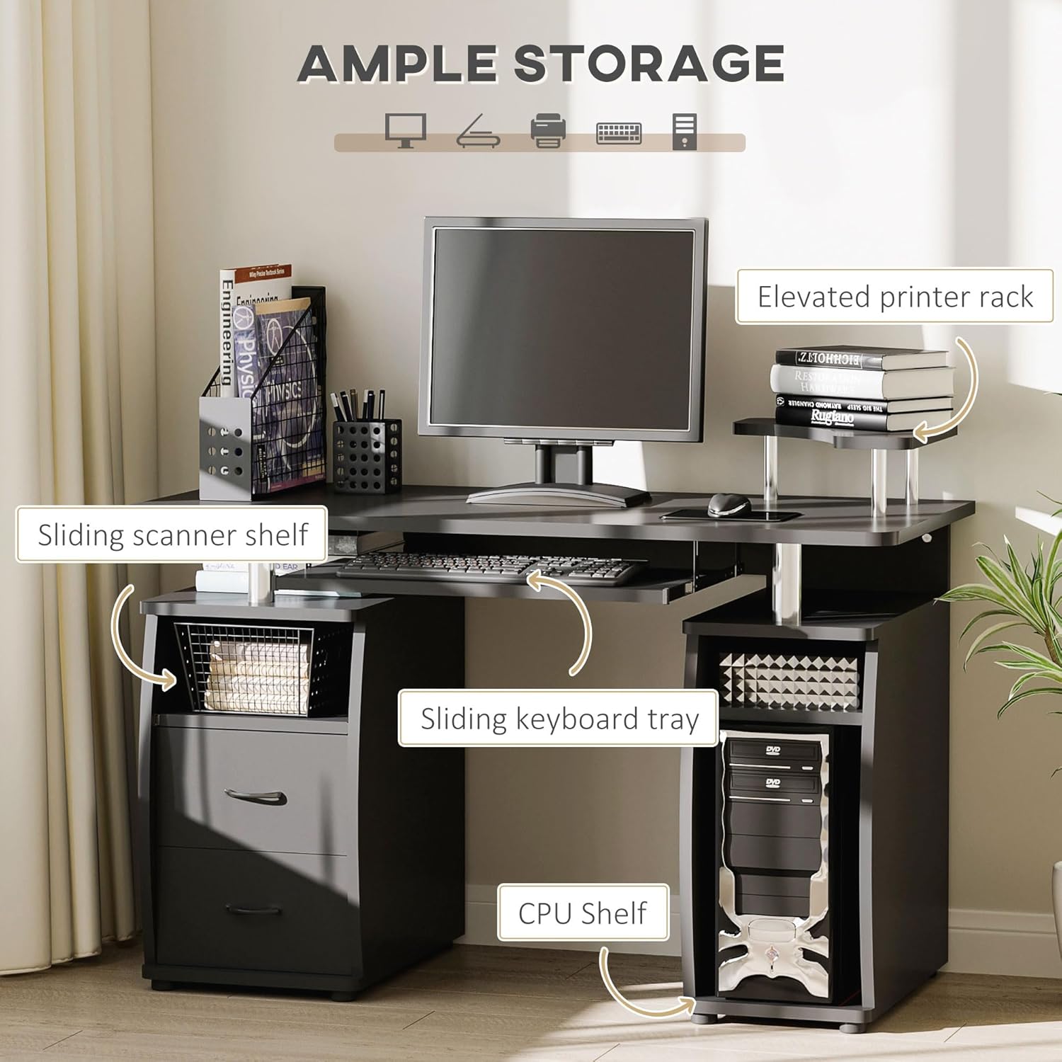 HOMCOM Computer Desk with ample storage features labeled